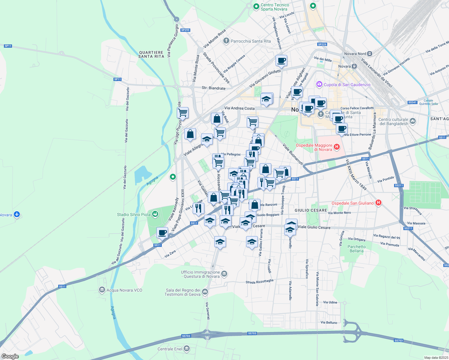 map of restaurants, bars, coffee shops, grocery stores, and more near 30 Viale Alessandro Volta in Novara