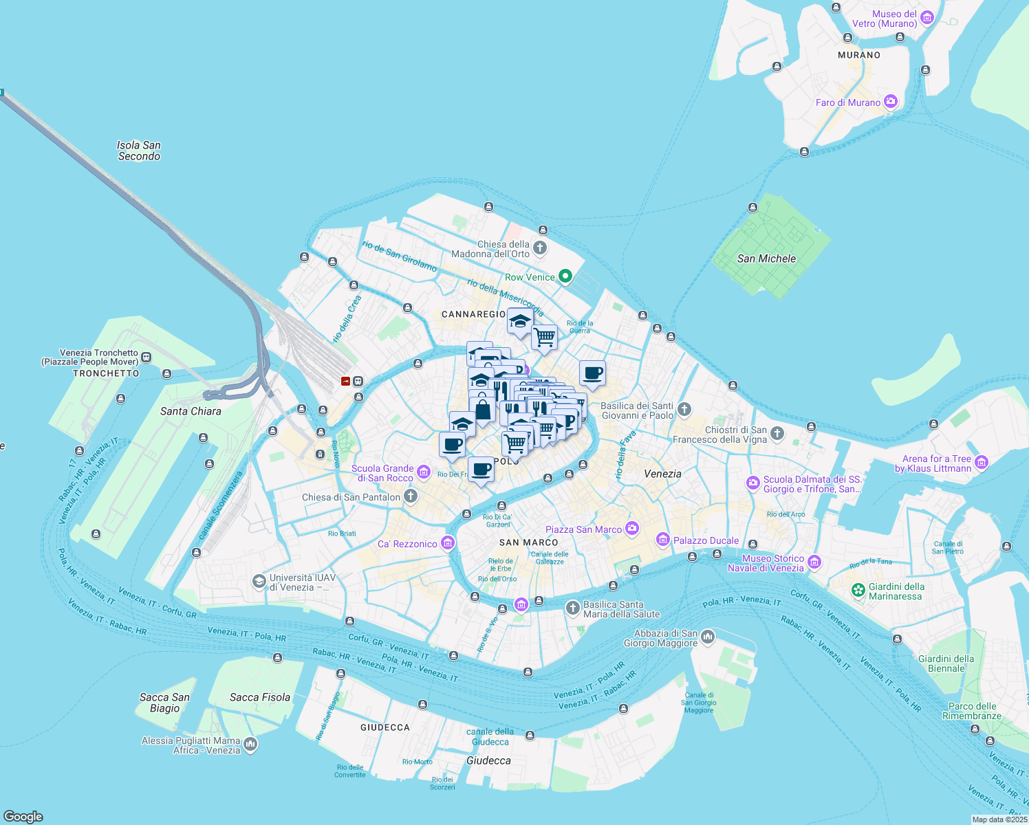 map of restaurants, bars, coffee shops, grocery stores, and more near 1858 San Polo in Venezia