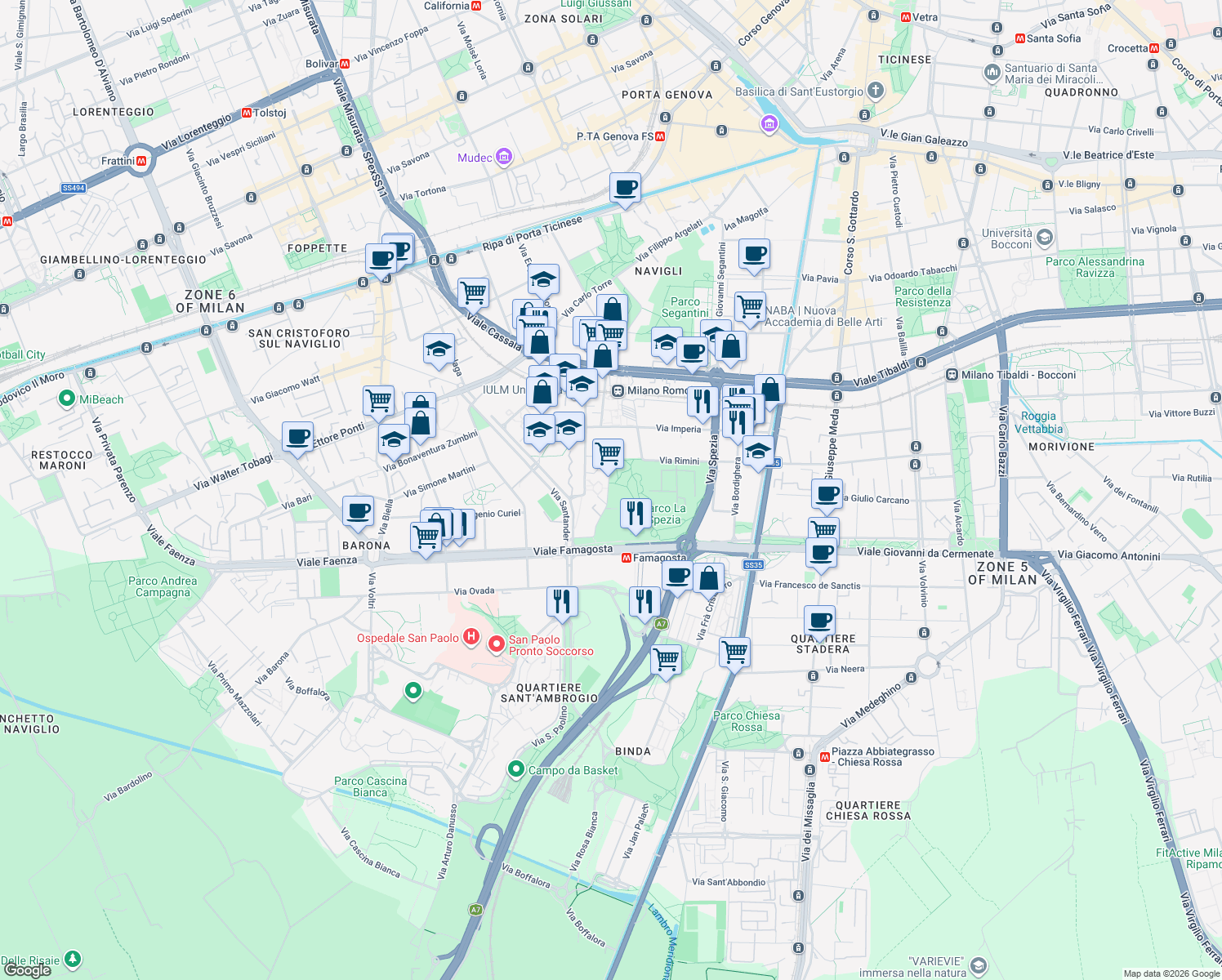 map of restaurants, bars, coffee shops, grocery stores, and more near 29 Via Moncucco in Milano