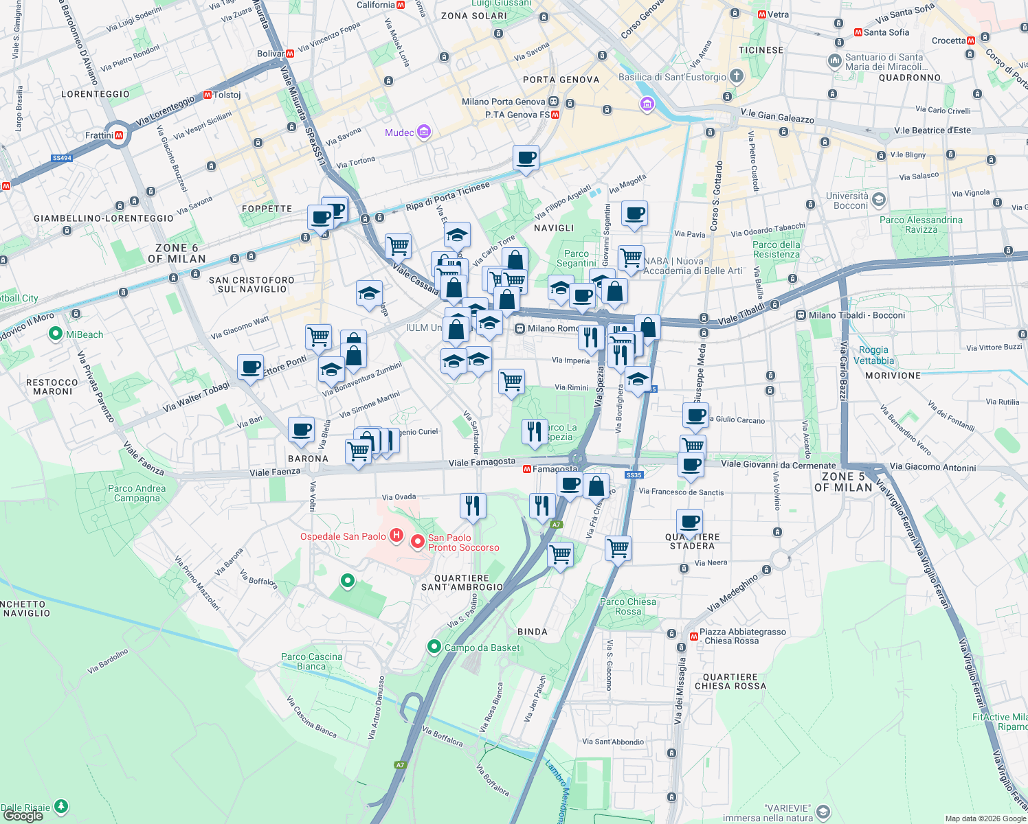 map of restaurants, bars, coffee shops, grocery stores, and more near 29 Via Moncucco in Milano
