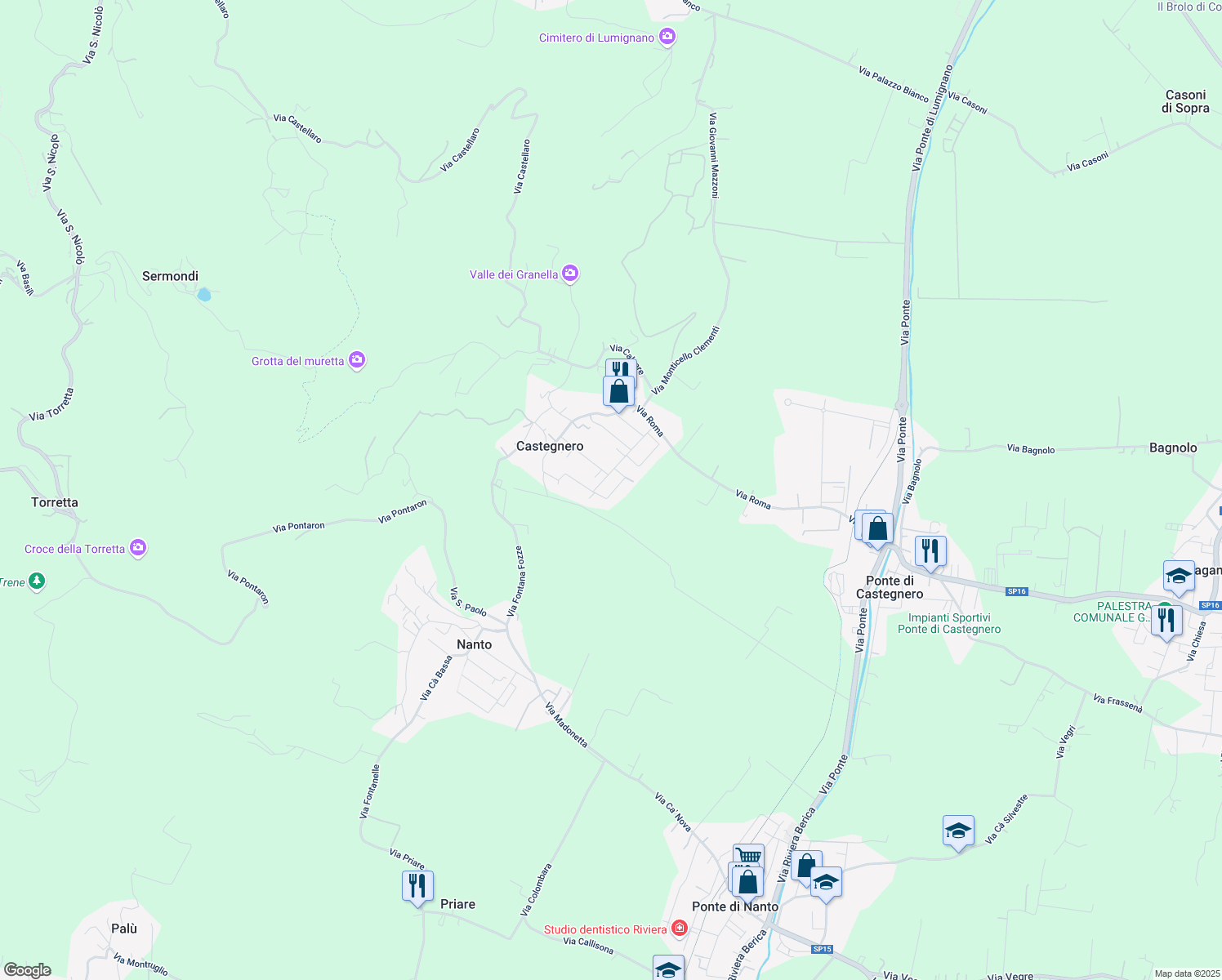 map of restaurants, bars, coffee shops, grocery stores, and more near 31 Via Nicolò Tommaseo in Castegnero
