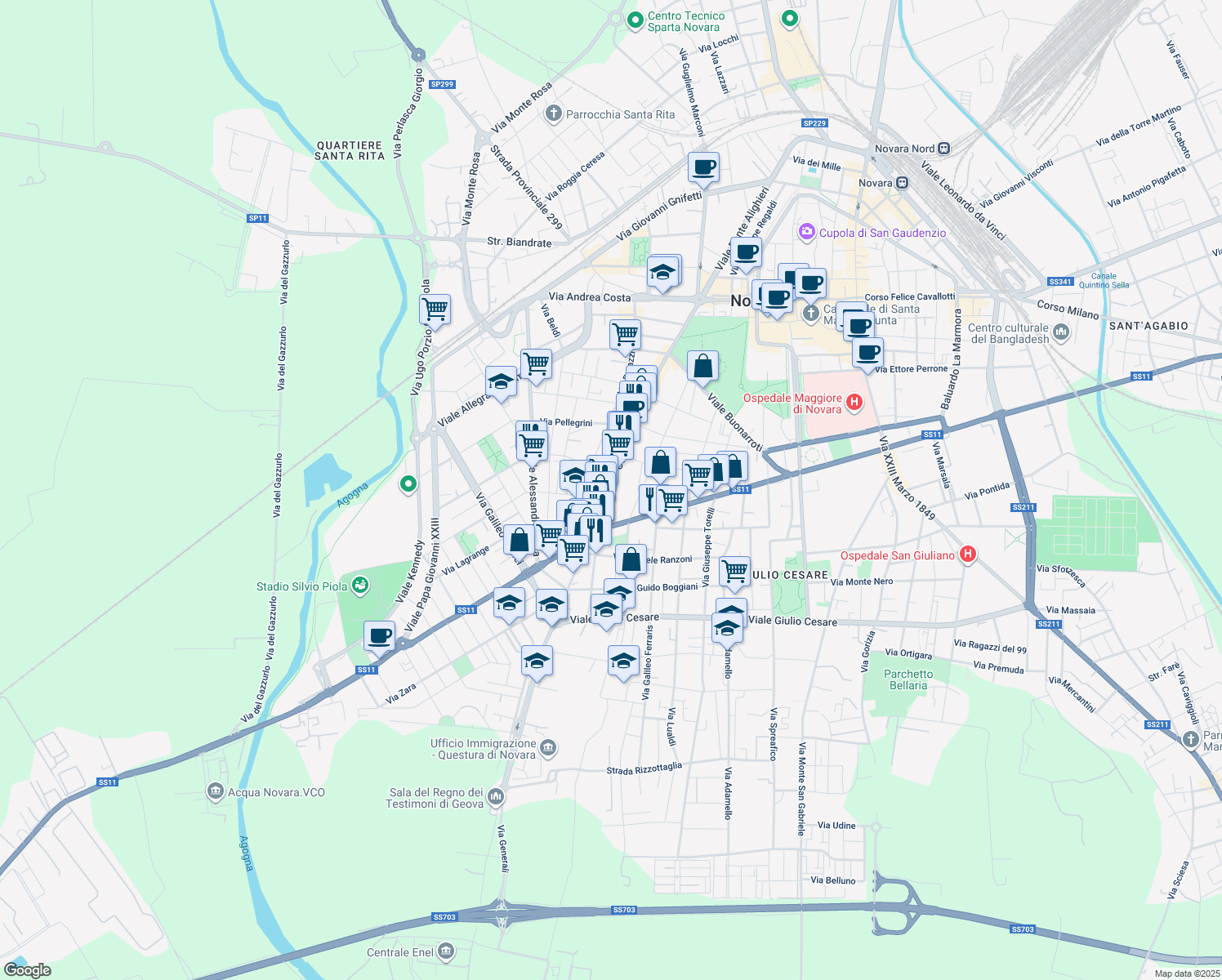 map of restaurants, bars, coffee shops, grocery stores, and more near 2-12 Via Stefano Melchioni in Novara