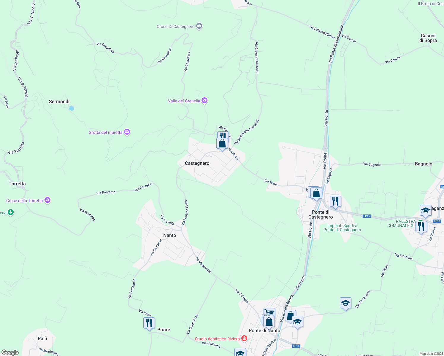 map of restaurants, bars, coffee shops, grocery stores, and more near 31 Via Nicolò Tommaseo in Castegnero