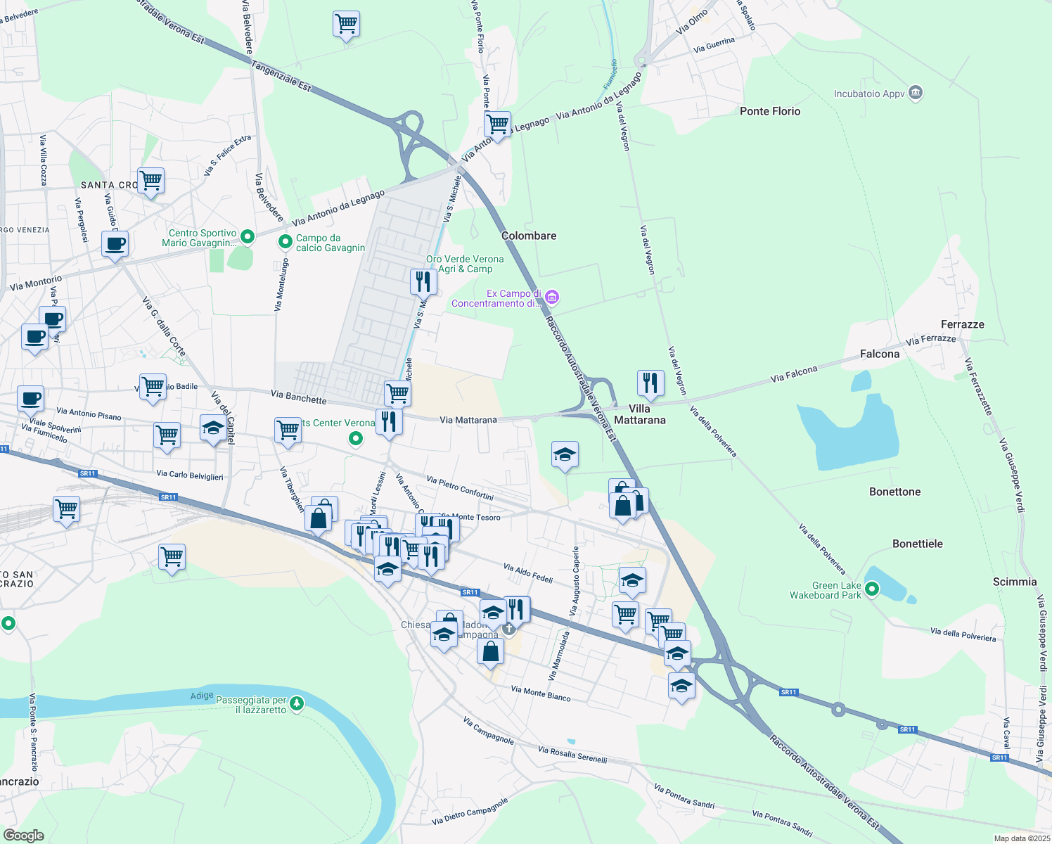 map of restaurants, bars, coffee shops, grocery stores, and more near 14 Via Mattarana in Verona