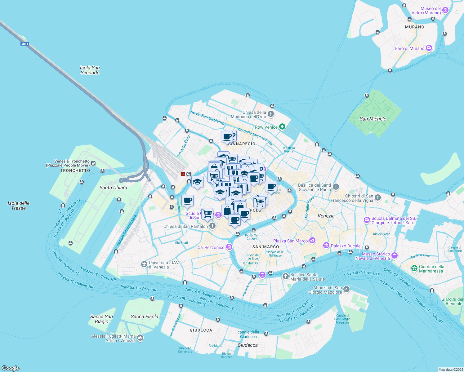 map of restaurants, bars, coffee shops, grocery stores, and more near 1042 Campiello de le Strope in Venezia