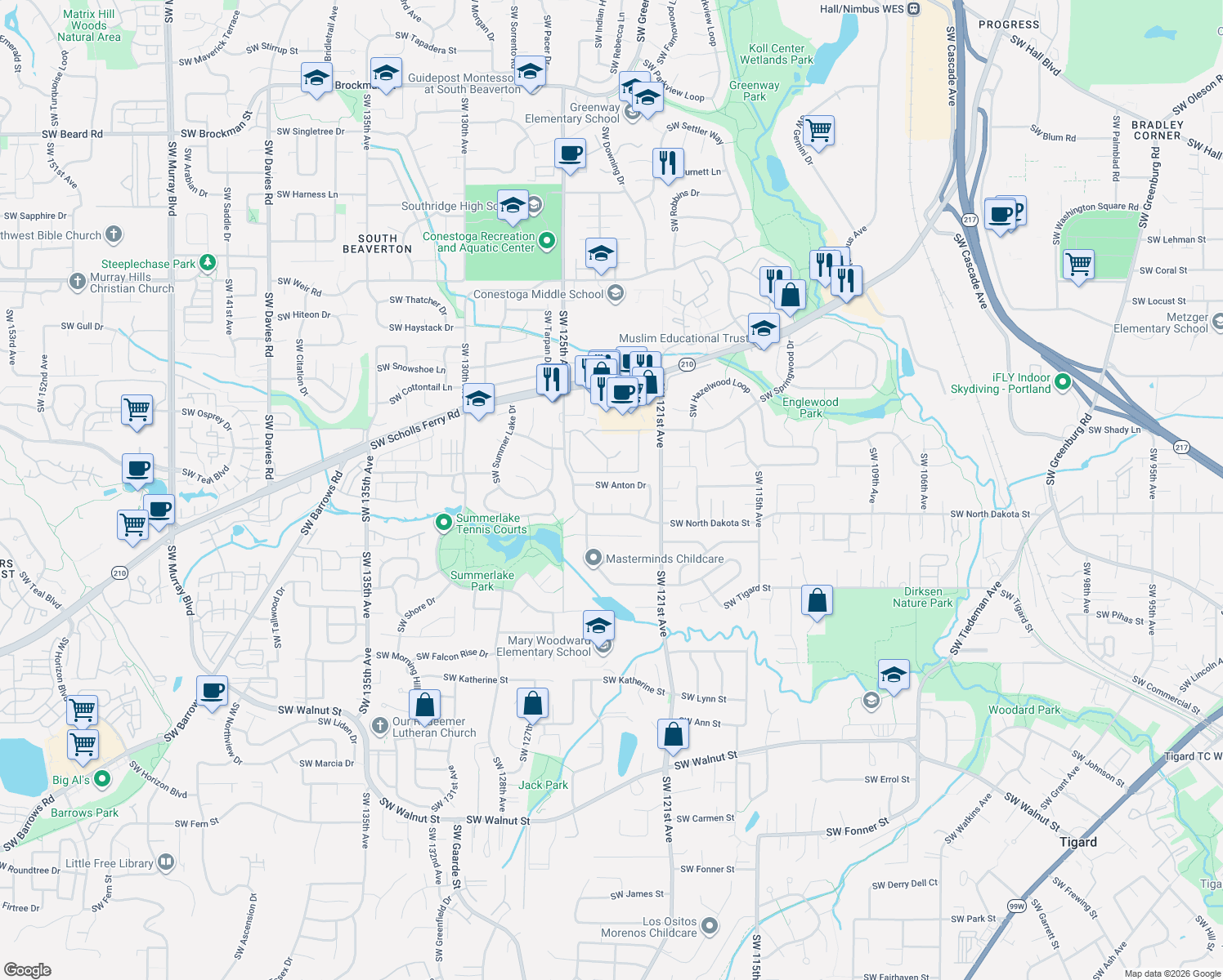 map of restaurants, bars, coffee shops, grocery stores, and more near 12328 Southwest Anton Drive in Tigard