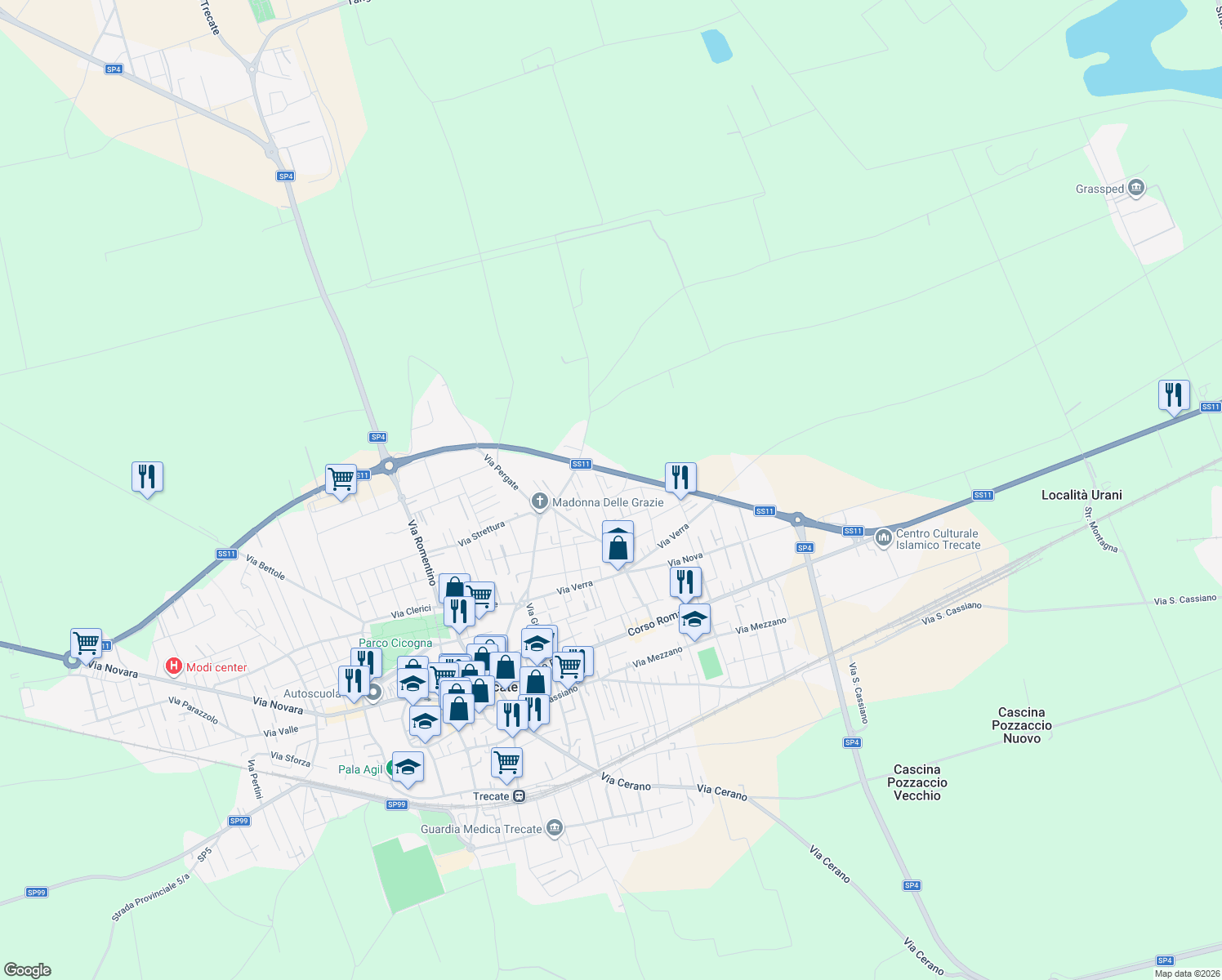 map of restaurants, bars, coffee shops, grocery stores, and more near 35 Via Pregagliana in Trecate