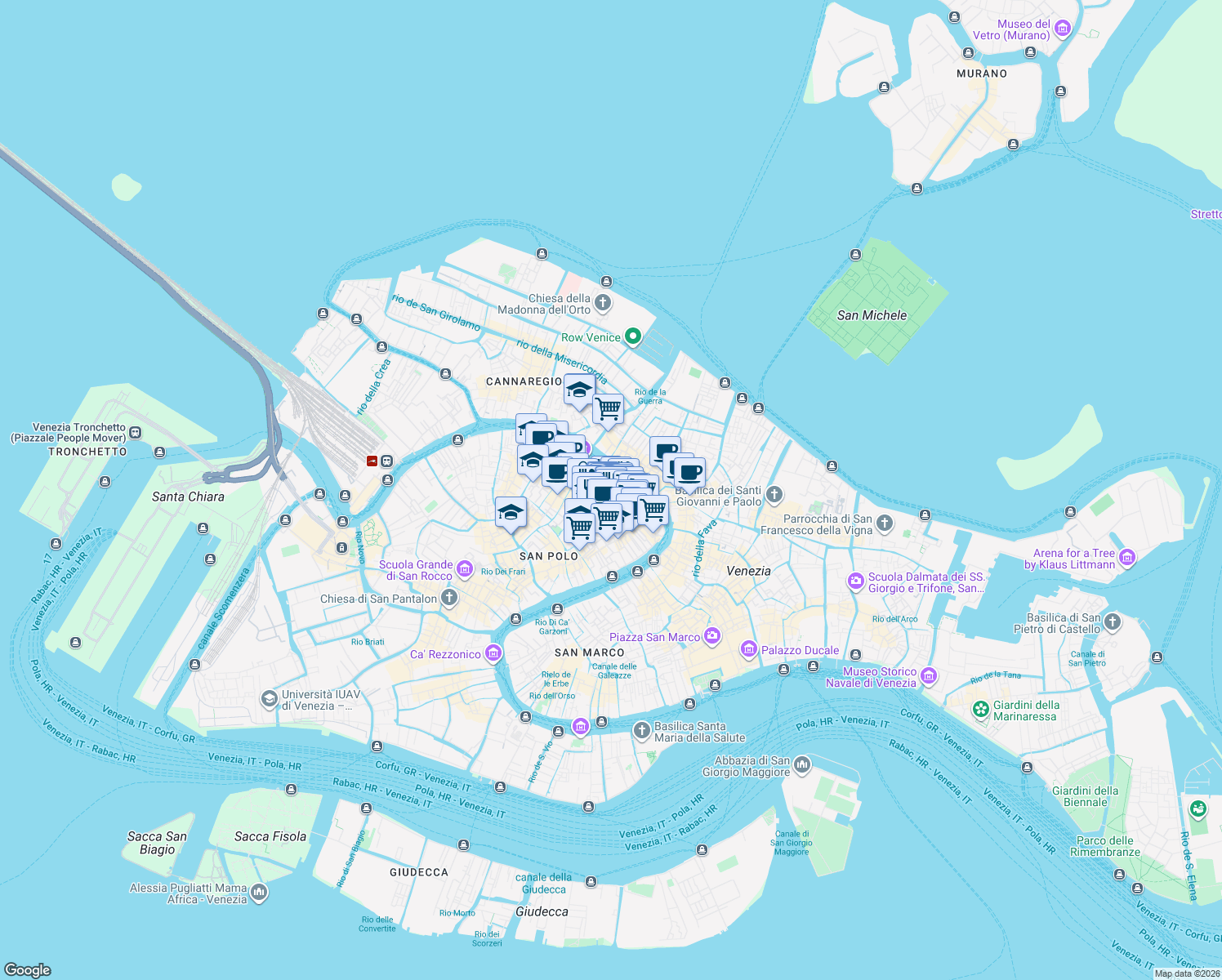 map of restaurants, bars, coffee shops, grocery stores, and more near 1650 Calle dei Botteri in Venezia