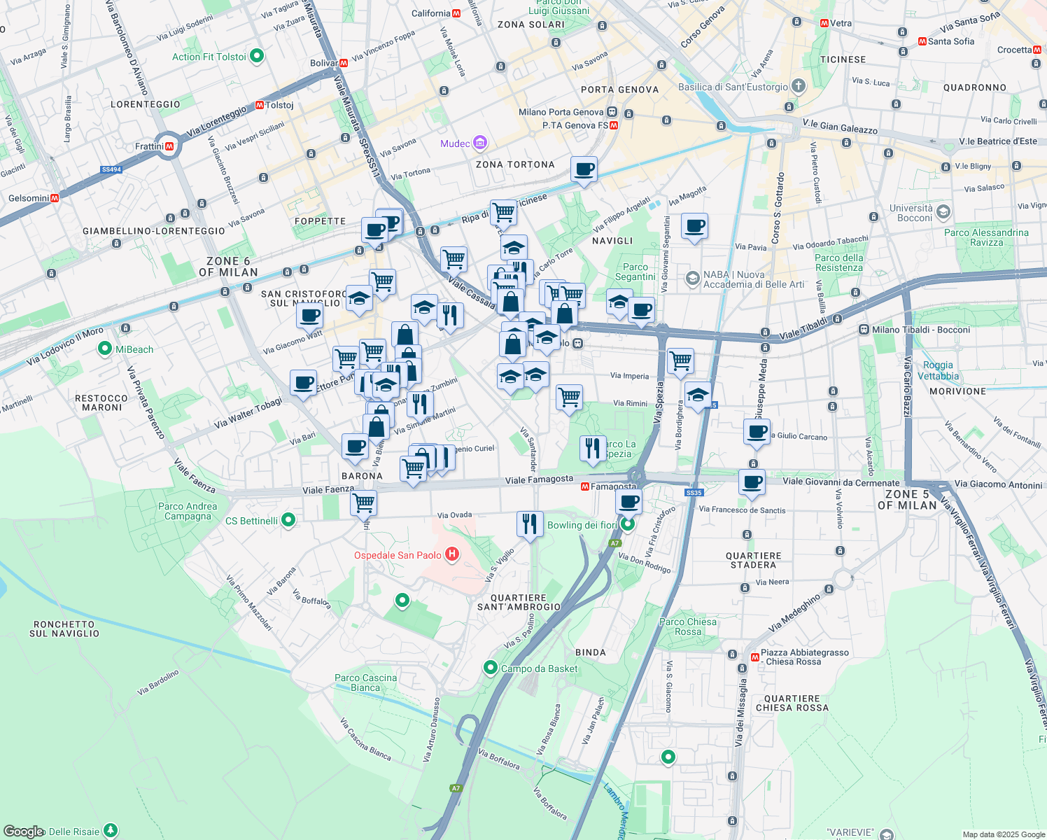 map of restaurants, bars, coffee shops, grocery stores, and more near 9 Via Santander in Milano