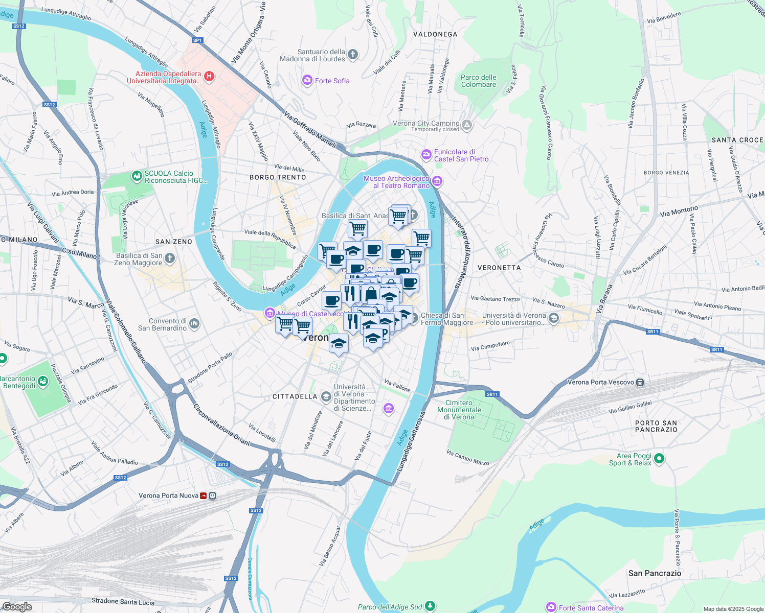 map of restaurants, bars, coffee shops, grocery stores, and more near 2 Piazza Nogara in Verona