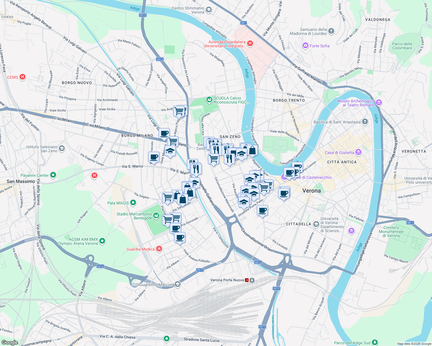 map of restaurants, bars, coffee shops, grocery stores, and more near 36 Via Angelo Scarsellini in Verona