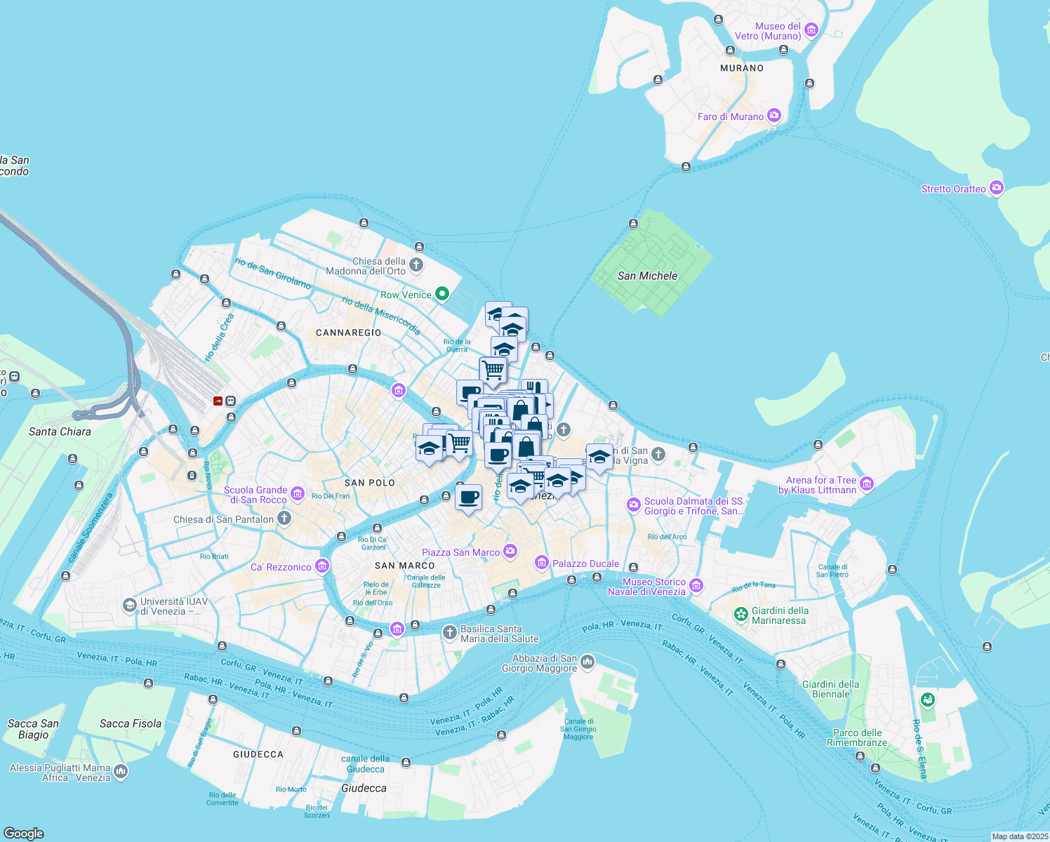 map of restaurants, bars, coffee shops, grocery stores, and more near 6015 Calle Maggioni in Venezia