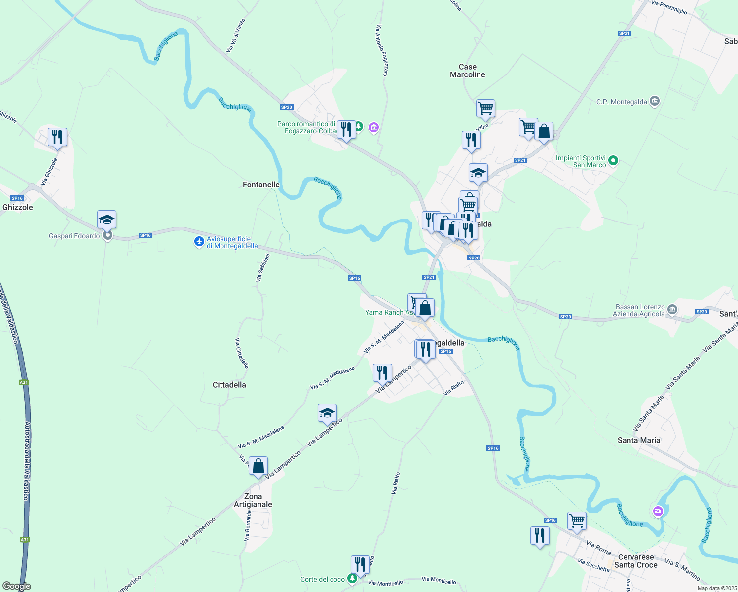 map of restaurants, bars, coffee shops, grocery stores, and more near 19 Via Capitello in Provincia di Vicenza