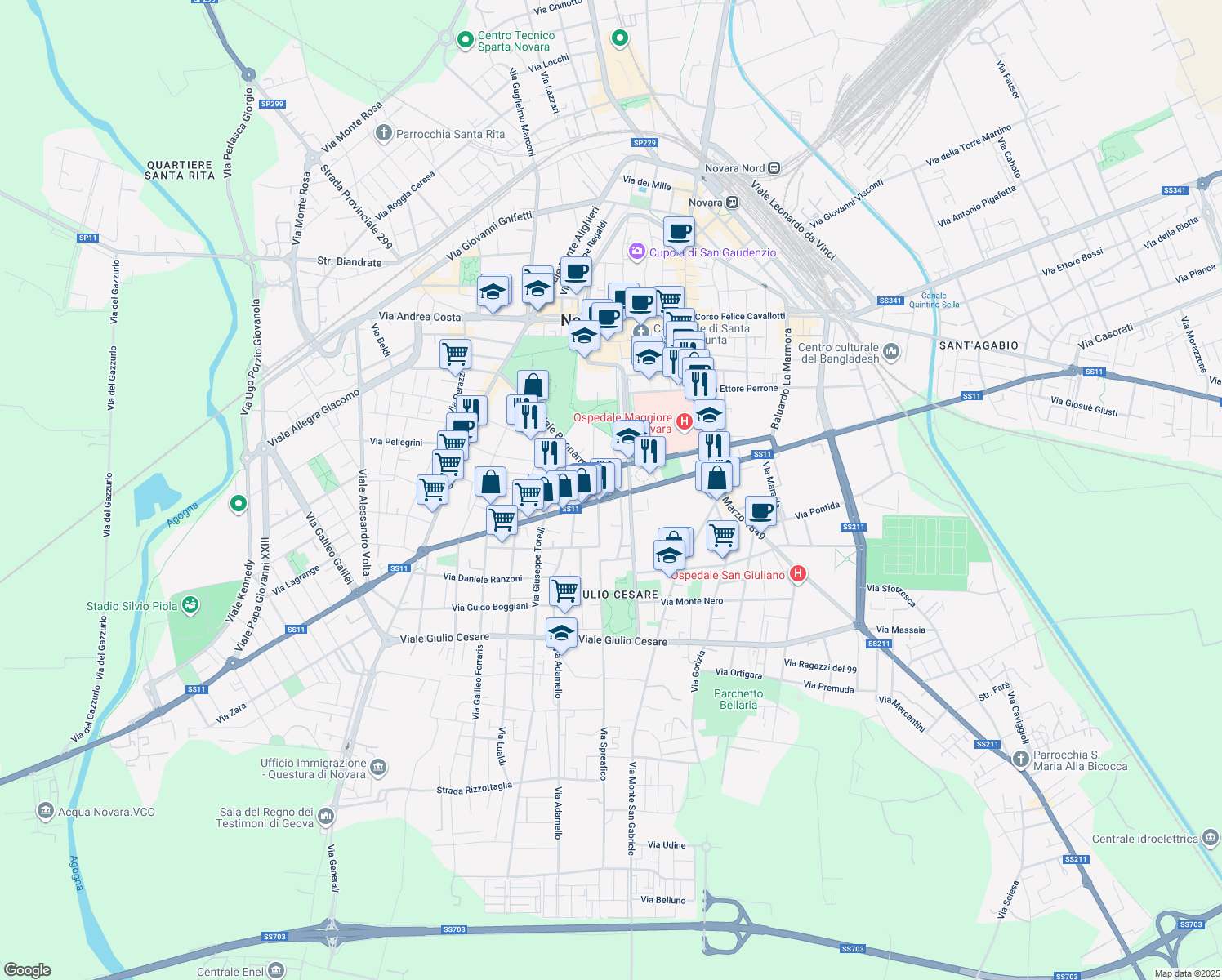 map of restaurants, bars, coffee shops, grocery stores, and more near 40 Viale Buonarroti in Novara