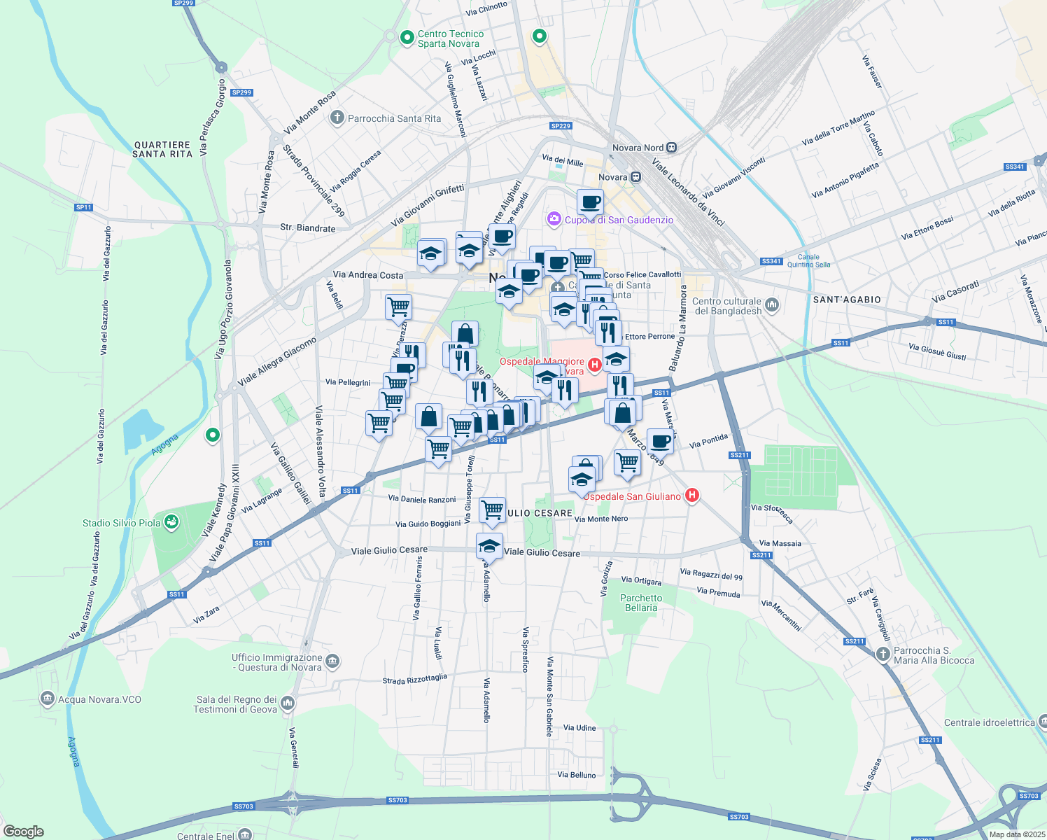 map of restaurants, bars, coffee shops, grocery stores, and more near 34-40 Via Michelangelo in Novara