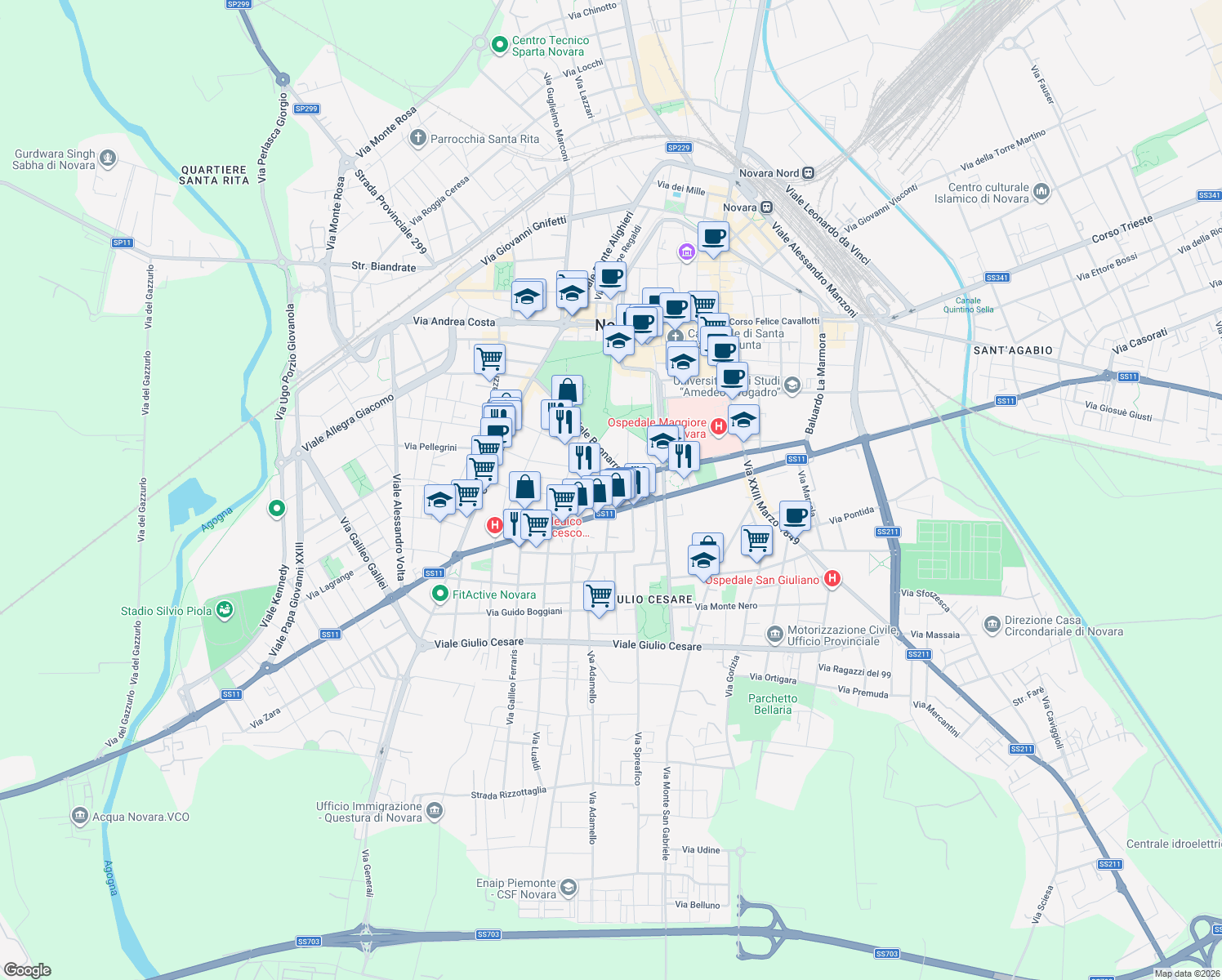 map of restaurants, bars, coffee shops, grocery stores, and more near 9 Via Claudio Monteverdi in Novara