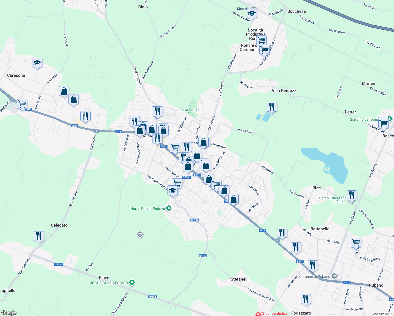 map of restaurants, bars, coffee shops, grocery stores, and more near 11 Via Aquileia in Mestrino