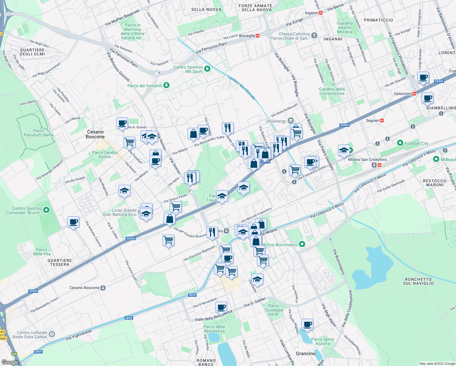 map of restaurants, bars, coffee shops, grocery stores, and more near 1 Via Sebastiano Caboto in Corsico