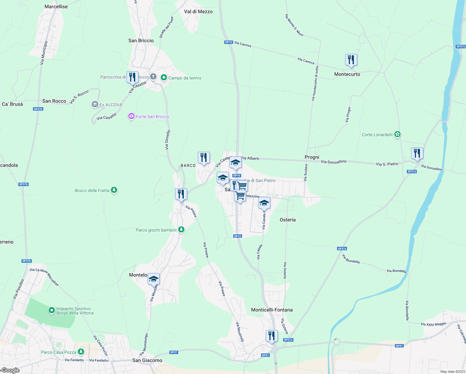 map of restaurants, bars, coffee shops, grocery stores, and more near 4 Via Piazza in San Pietro