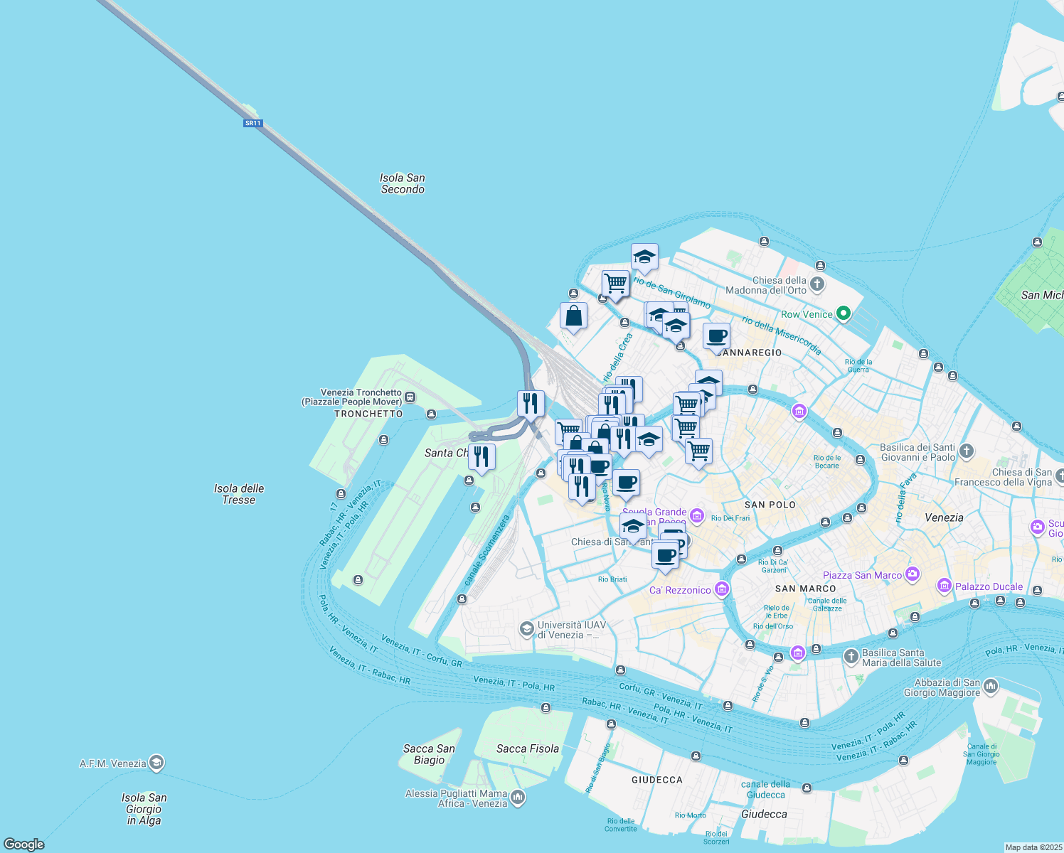 map of restaurants, bars, coffee shops, grocery stores, and more near in Venice