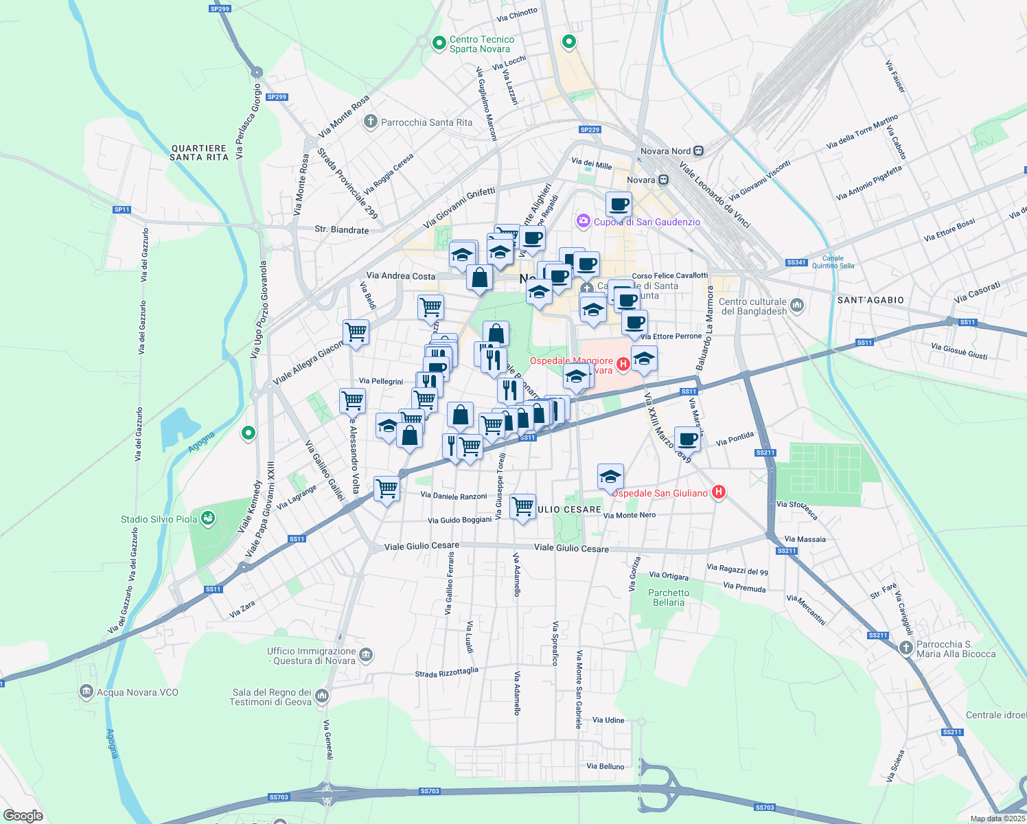 map of restaurants, bars, coffee shops, grocery stores, and more near 16 Via Morandi in Novara