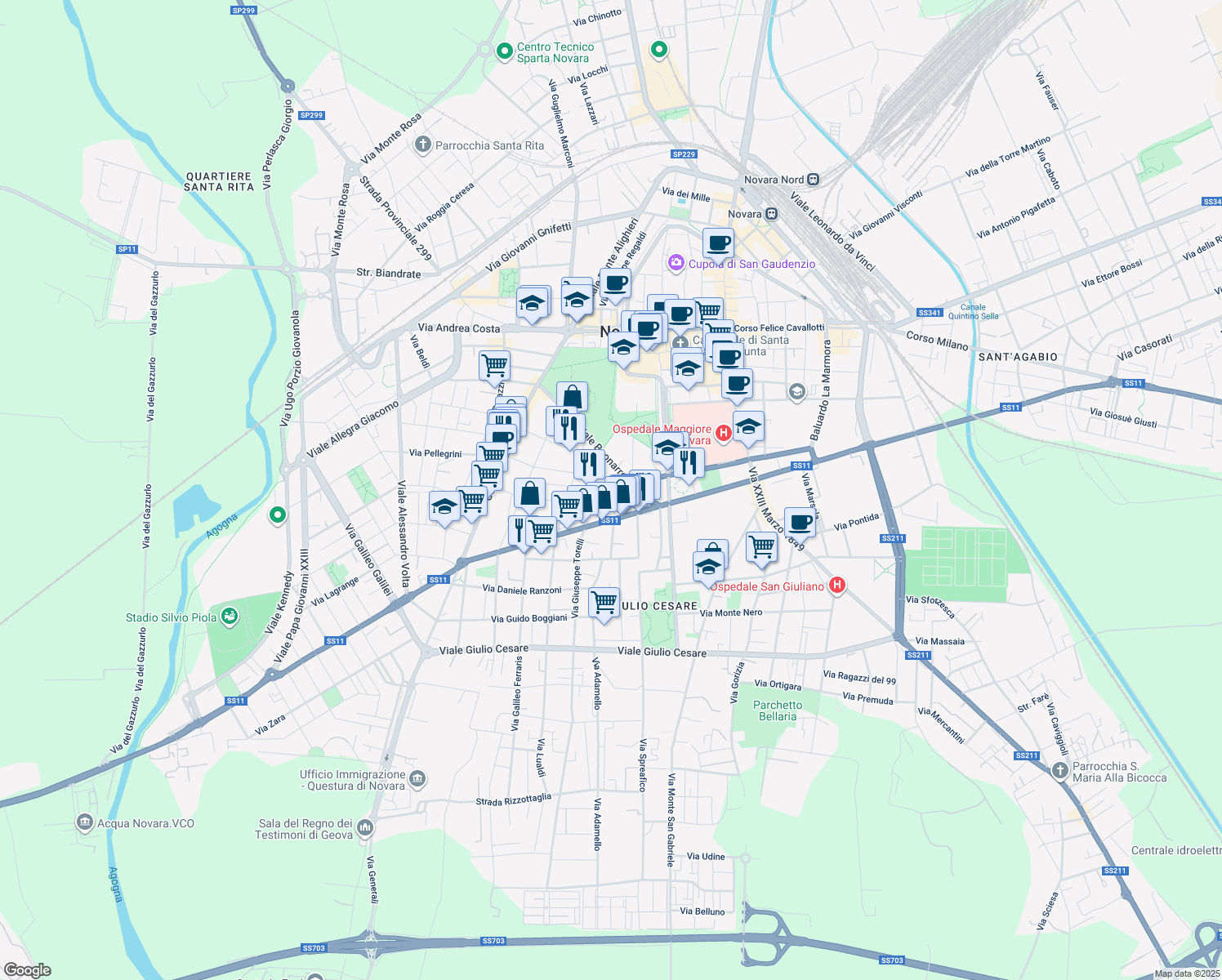 map of restaurants, bars, coffee shops, grocery stores, and more near 9 Via Claudio Monteverdi in Novara