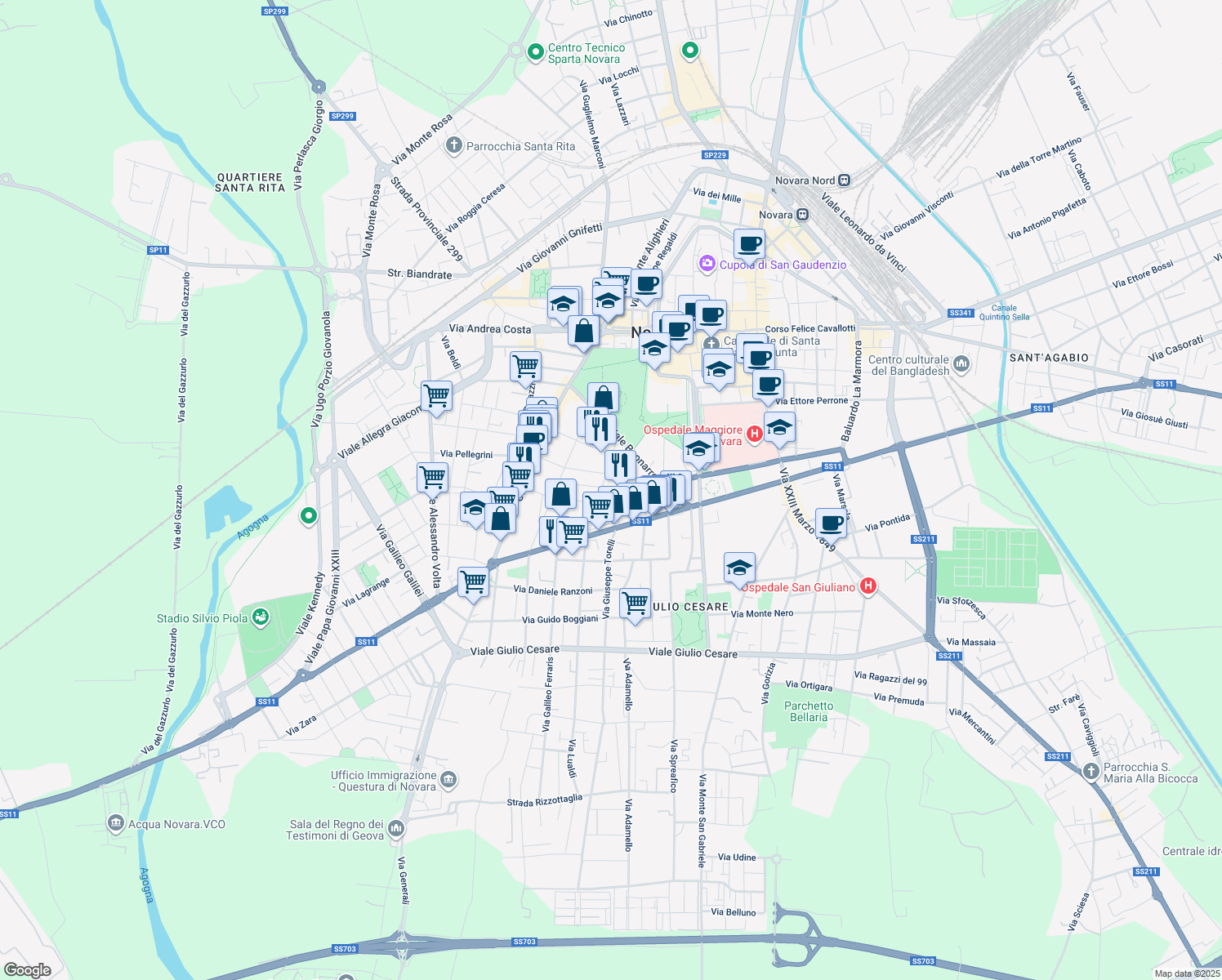 map of restaurants, bars, coffee shops, grocery stores, and more near 16 Via Morandi in Novara