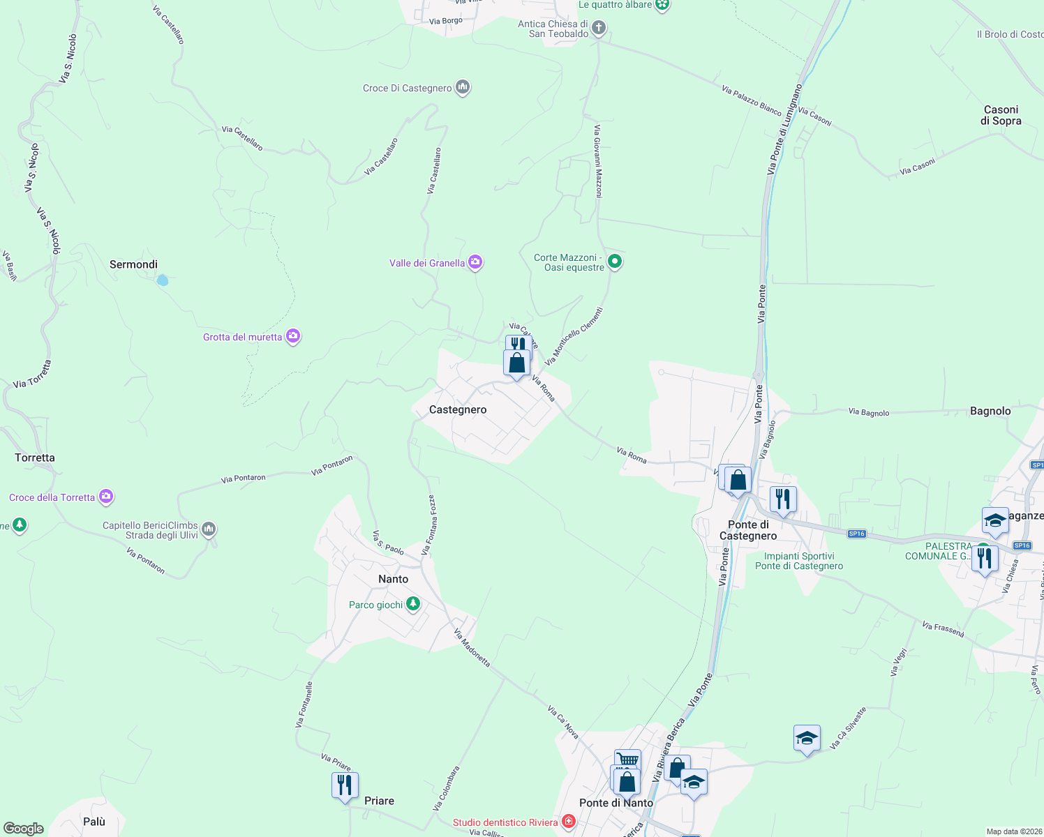 map of restaurants, bars, coffee shops, grocery stores, and more near 26 Via degli Eroi in Castegnero