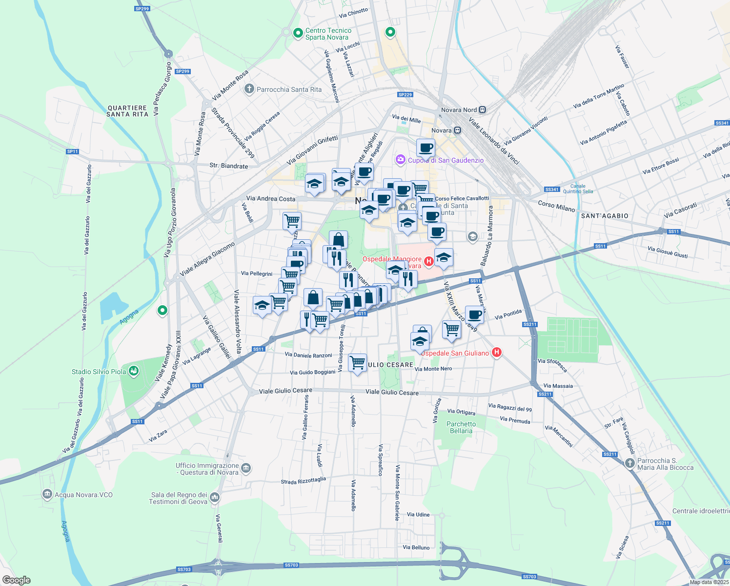 map of restaurants, bars, coffee shops, grocery stores, and more near 9 Via Claudio Monteverdi in Novara