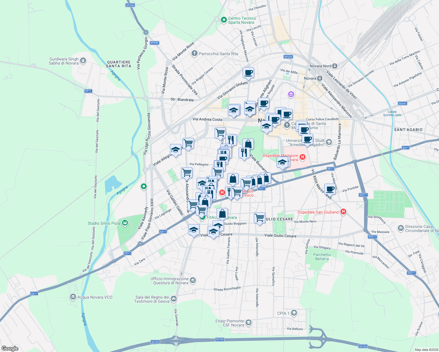 map of restaurants, bars, coffee shops, grocery stores, and more near 2-8 Via Stefano Grosso in Novara