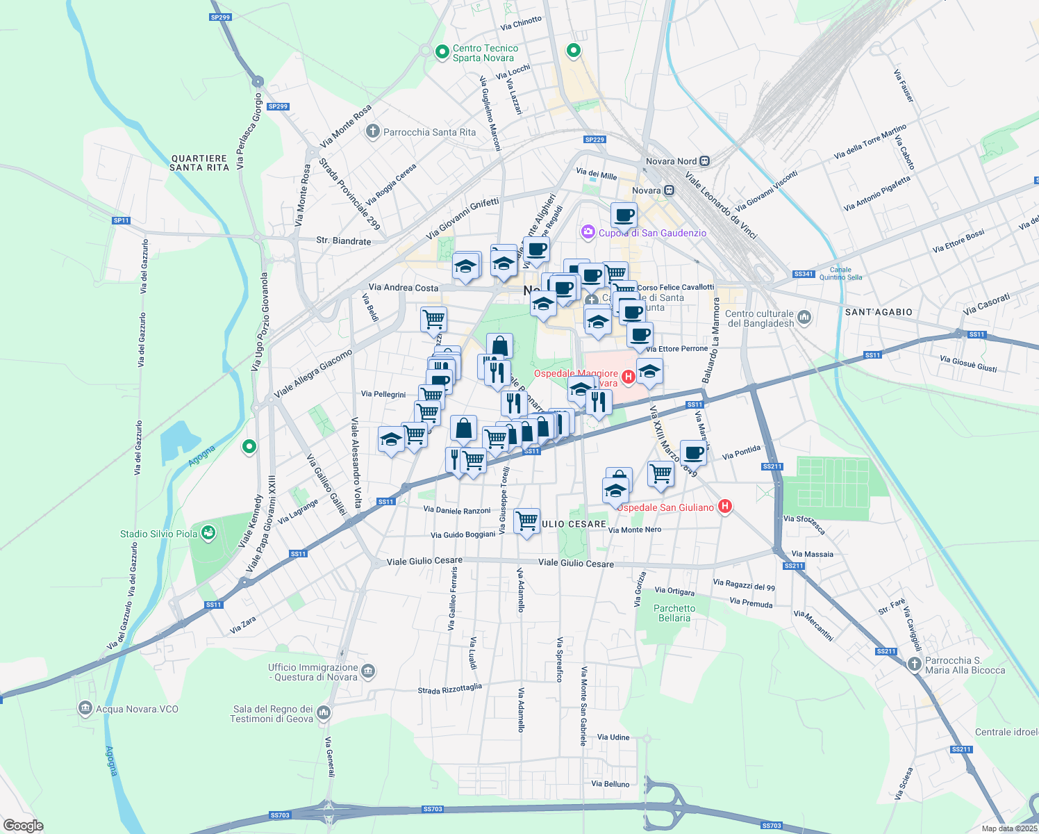 map of restaurants, bars, coffee shops, grocery stores, and more near 9 Via Claudio Monteverdi in Novara