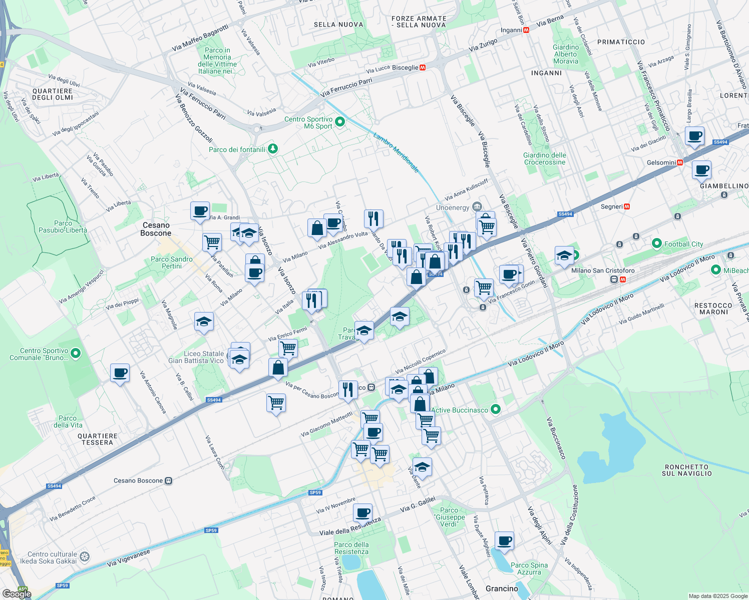 map of restaurants, bars, coffee shops, grocery stores, and more near 1 Via Sebastiano Caboto in Corsico