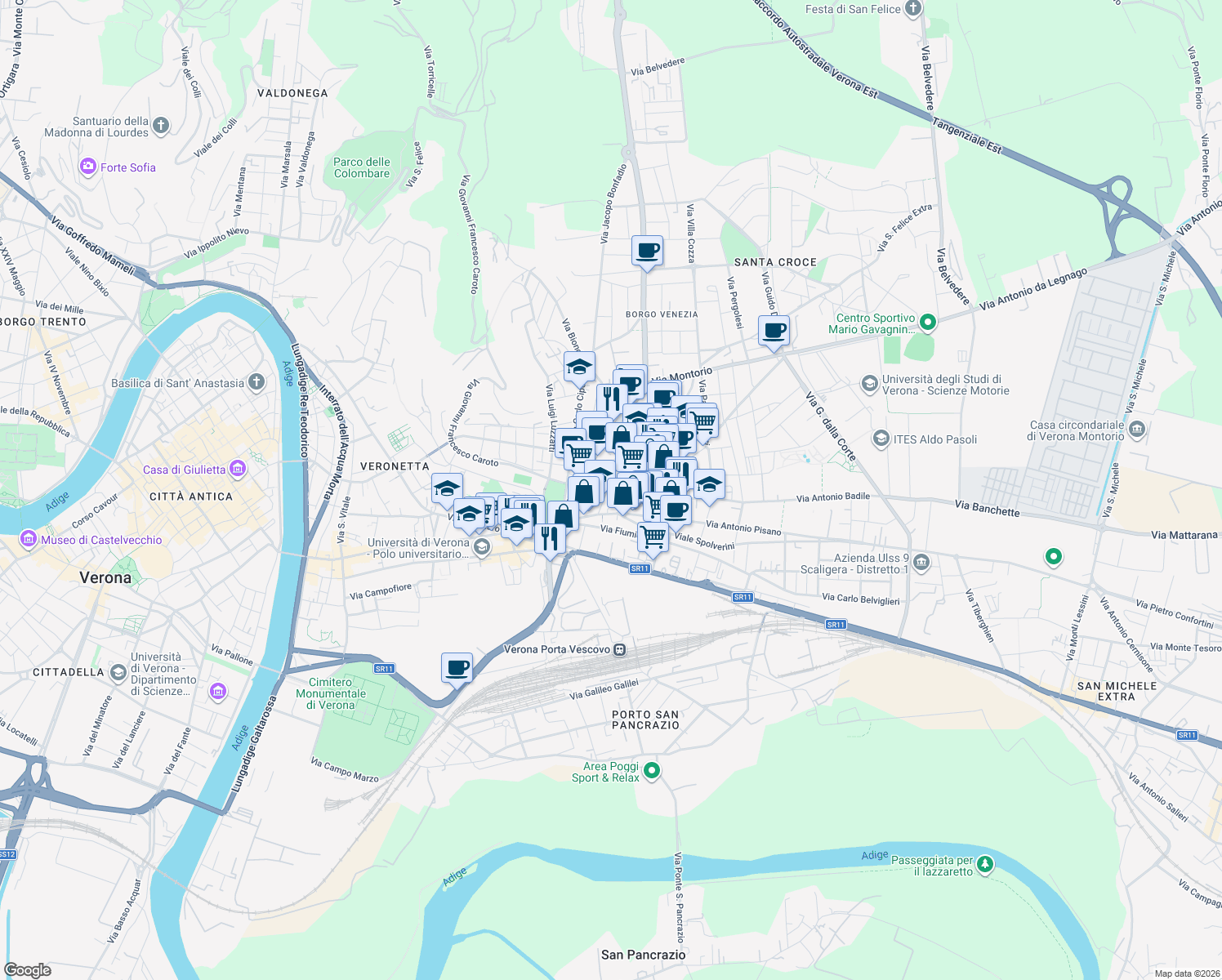 map of restaurants, bars, coffee shops, grocery stores, and more near 18 Via G. dai Libri in Verona