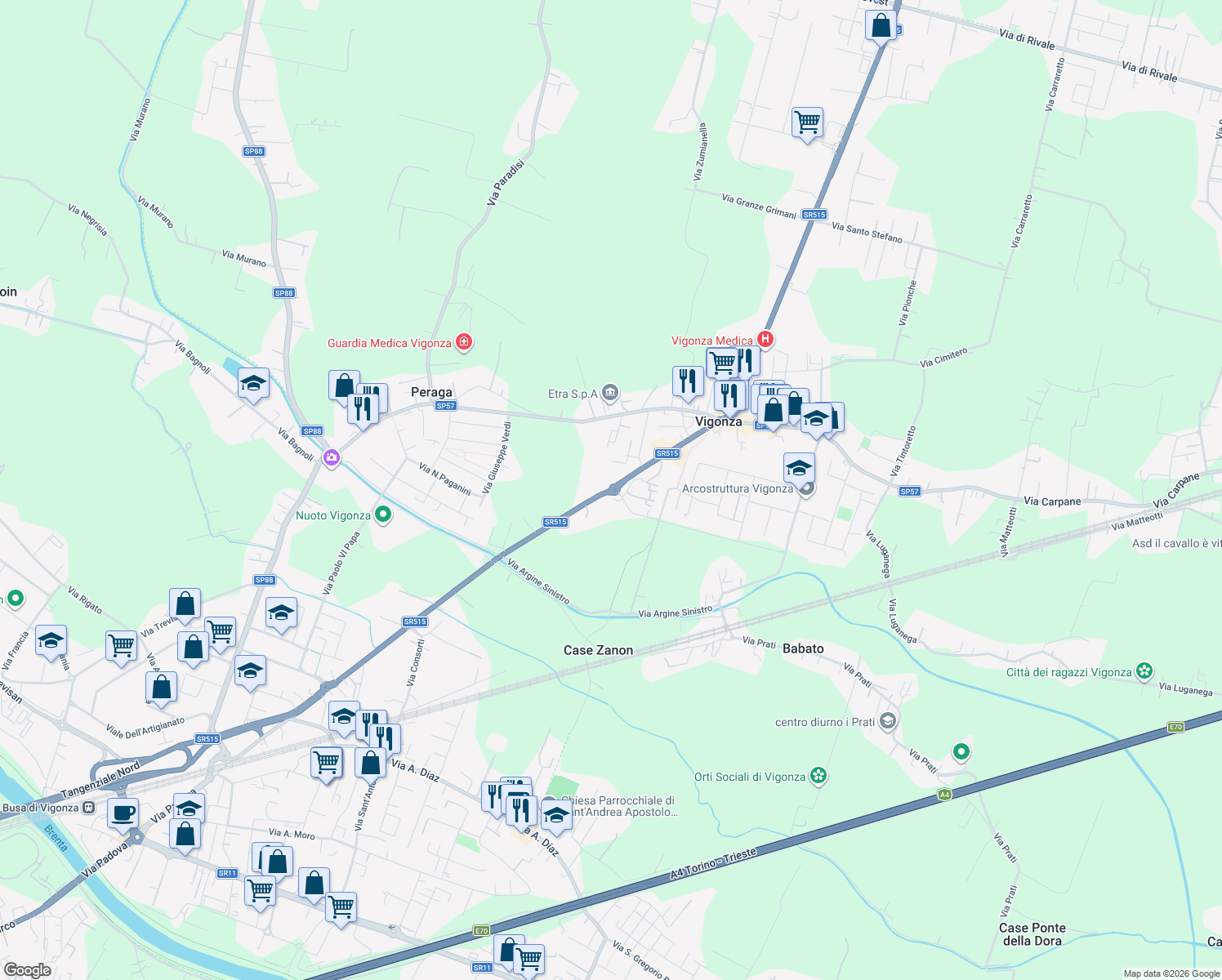 map of restaurants, bars, coffee shops, grocery stores, and more near 2c Via Jacopo Ruffini in Provincia di Padova