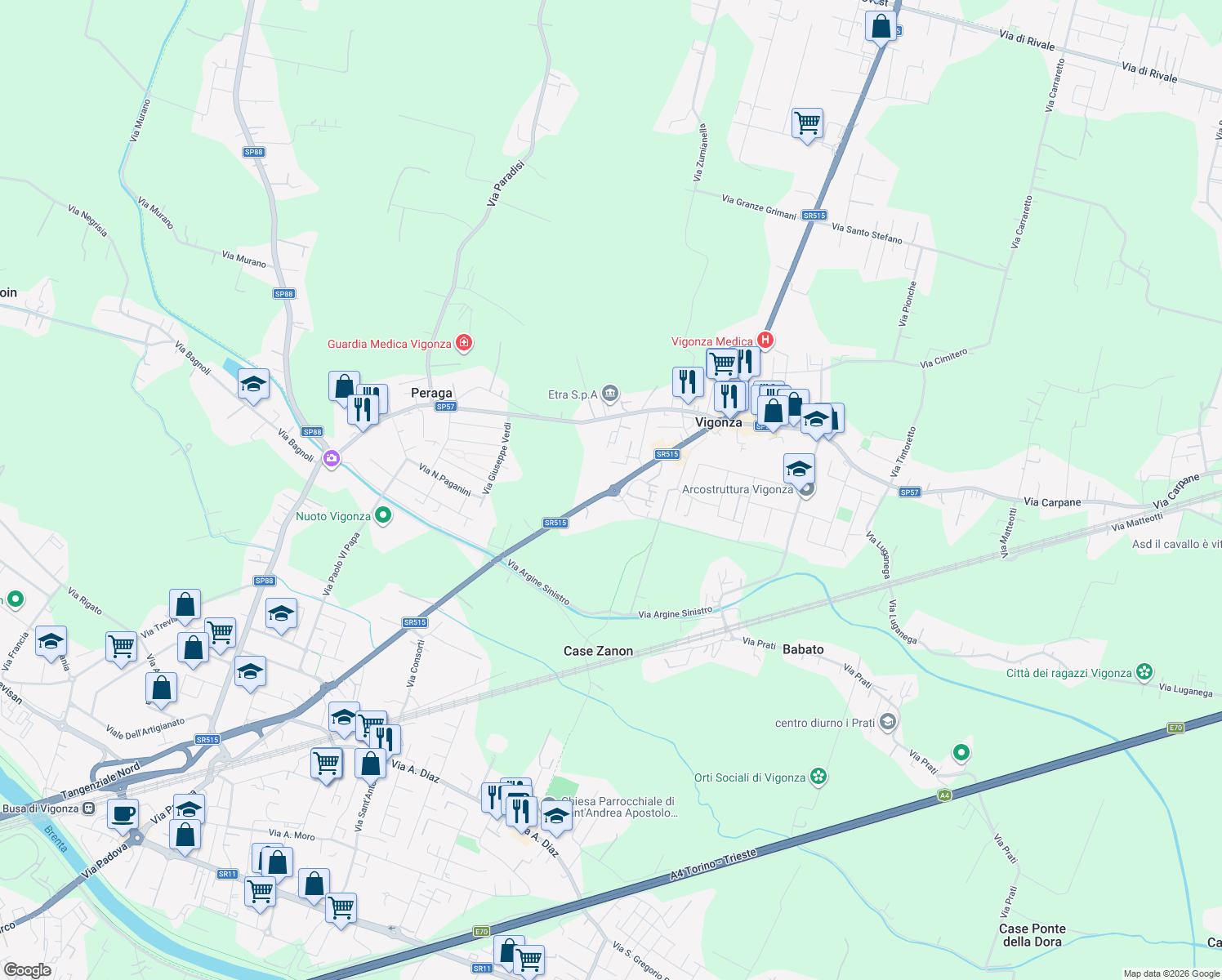 map of restaurants, bars, coffee shops, grocery stores, and more near 2c Via Jacopo Ruffini in Provincia di Padova