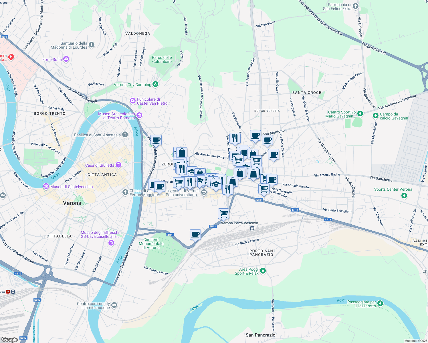 map of restaurants, bars, coffee shops, grocery stores, and more near 8 Salita Santo Sepolcro in Verona