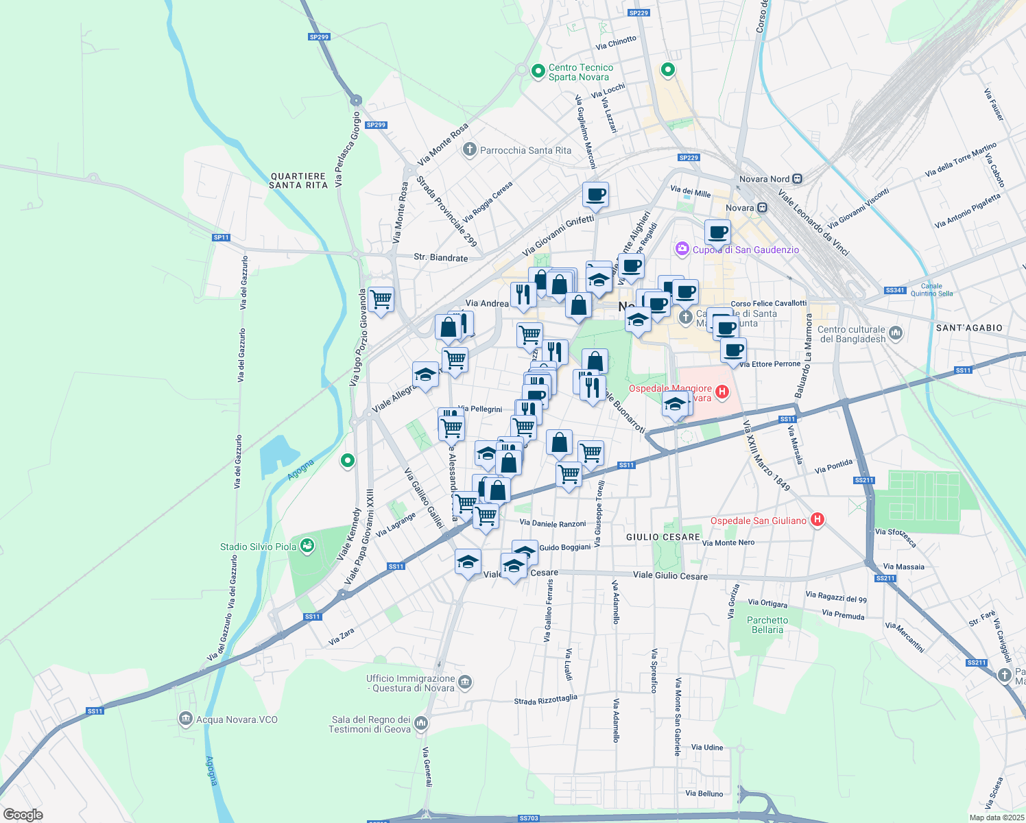 map of restaurants, bars, coffee shops, grocery stores, and more near 10 Via Pellegrini in Novara