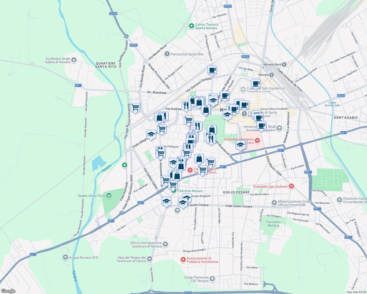 map of restaurants, bars, coffee shops, grocery stores, and more near 10 Via Pellegrini in Novara