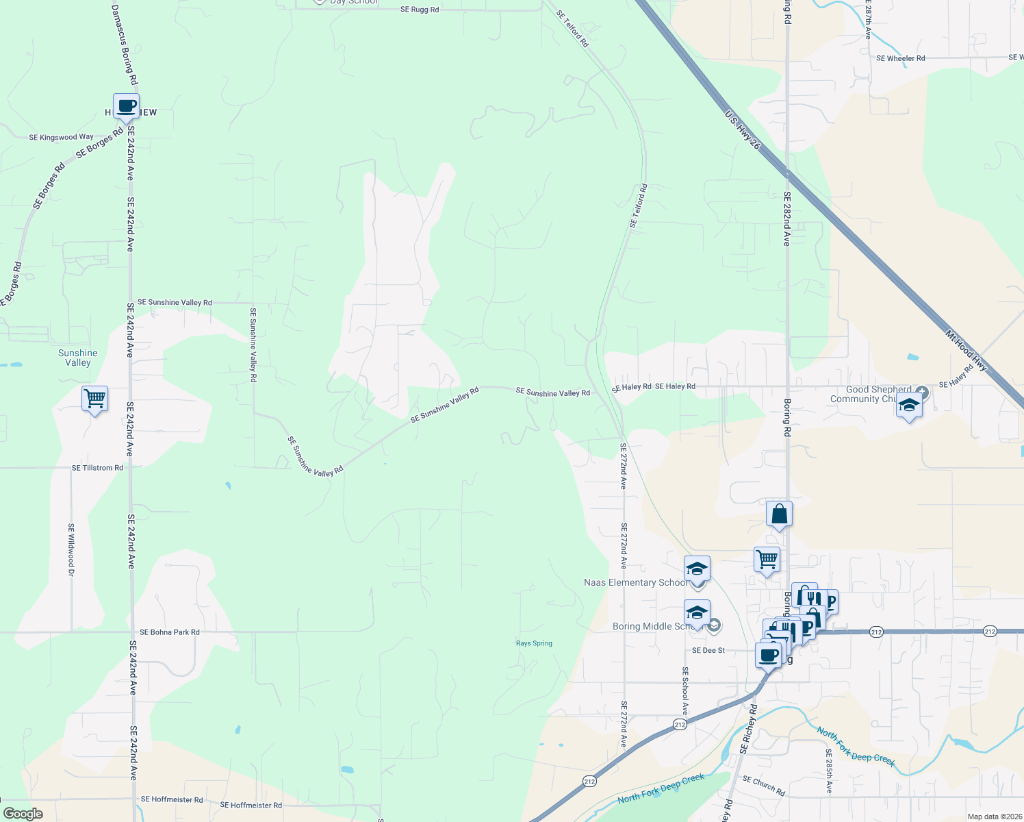 map of restaurants, bars, coffee shops, grocery stores, and more near 26580 Southeast Sunshine Valley Road in Damascus