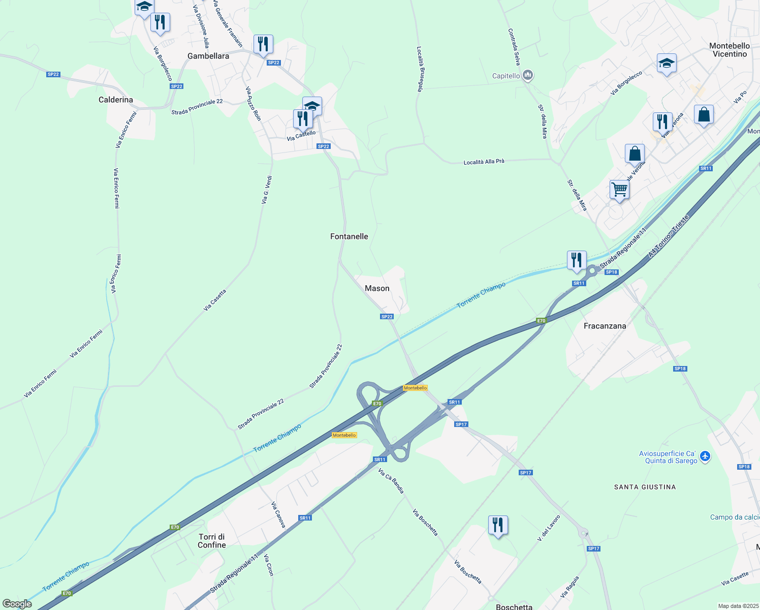 map of restaurants, bars, coffee shops, grocery stores, and more near 31 Via Mason in Mason