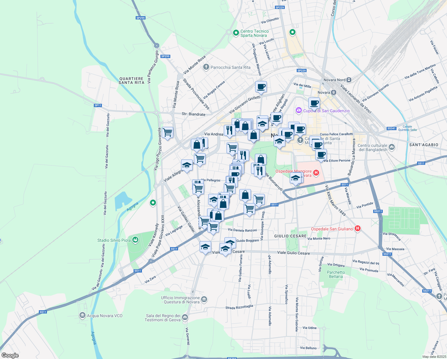 map of restaurants, bars, coffee shops, grocery stores, and more near 10 Via Pellegrini in Novara