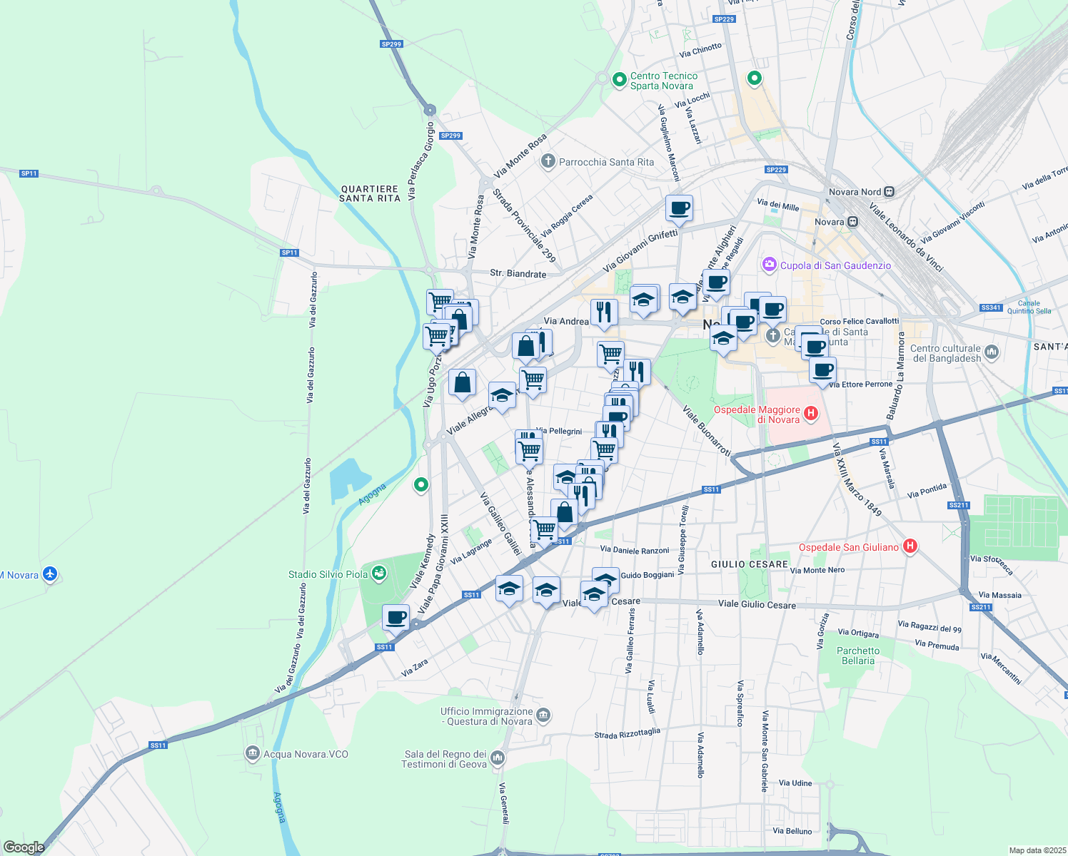 map of restaurants, bars, coffee shops, grocery stores, and more near 40 Via Pellegrini in Novara