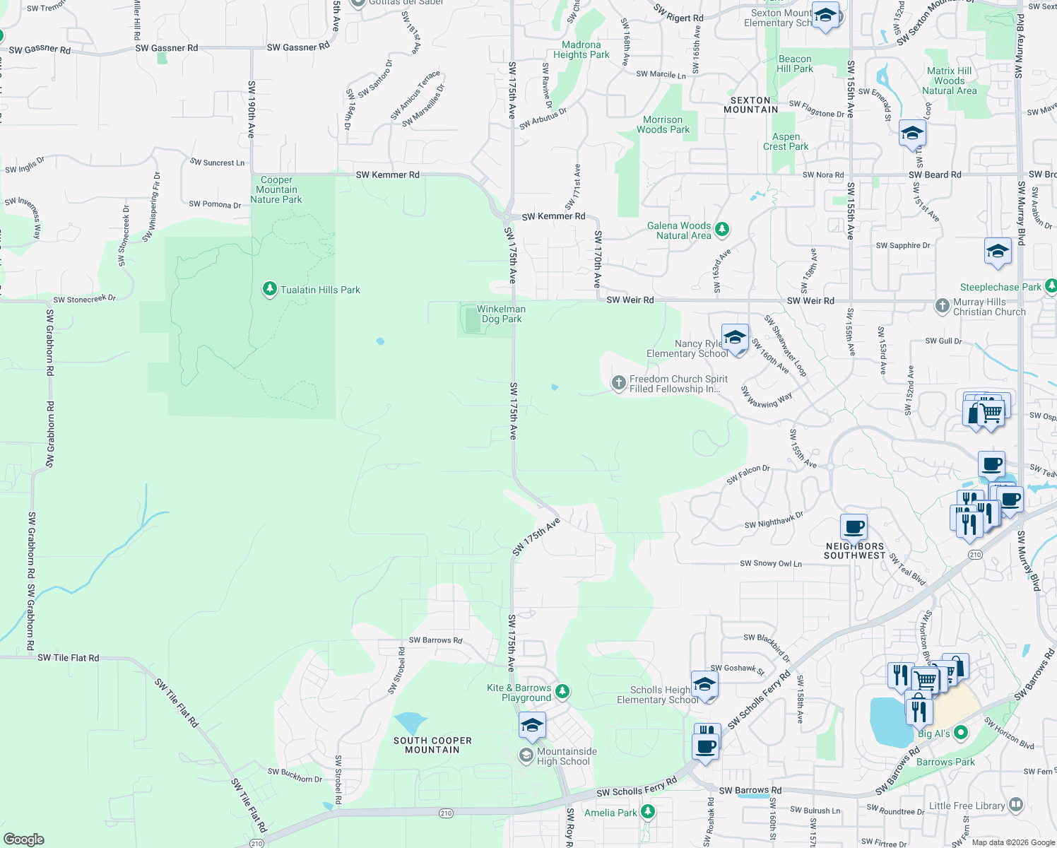map of restaurants, bars, coffee shops, grocery stores, and more near 17440 Southwest Reusser Court in Beaverton
