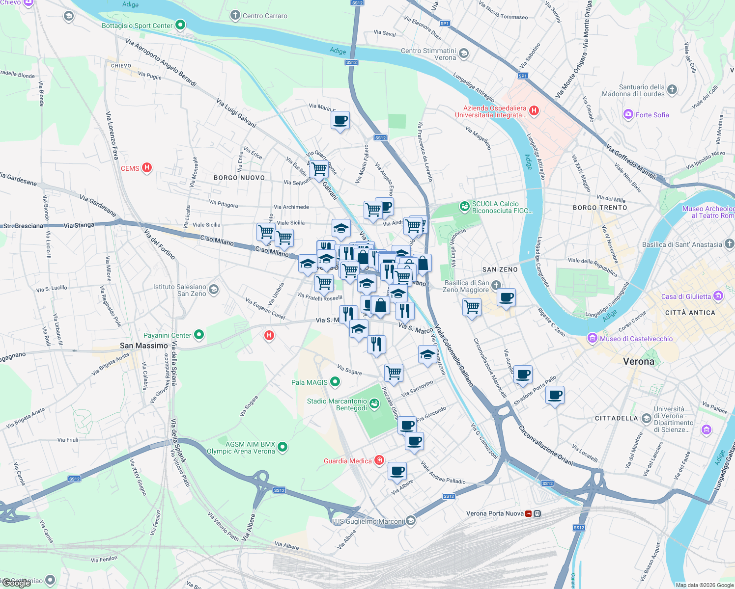 map of restaurants, bars, coffee shops, grocery stores, and more near 15 Via Ugo Foscolo in Verona