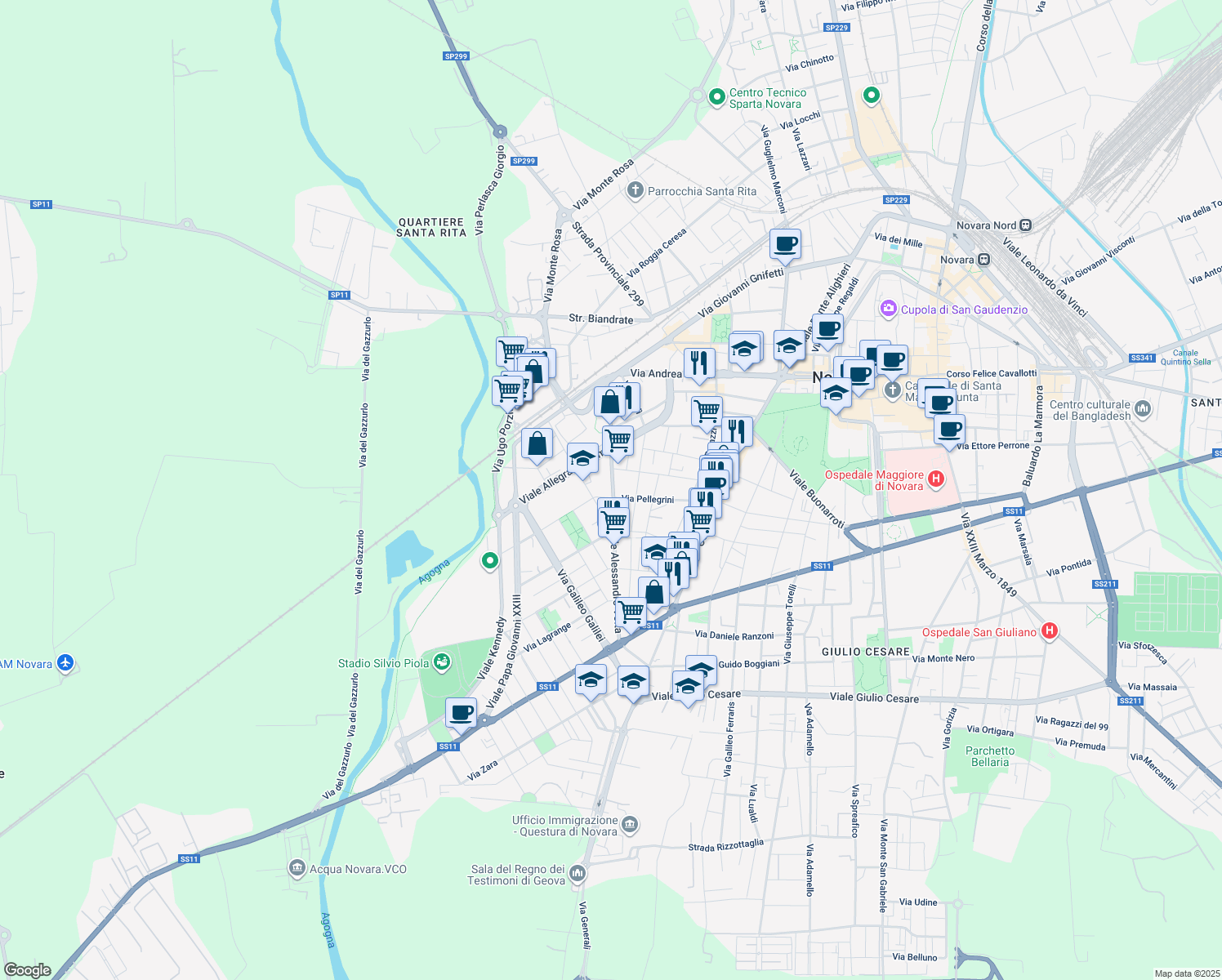 map of restaurants, bars, coffee shops, grocery stores, and more near 40 Via Pellegrini in Novara
