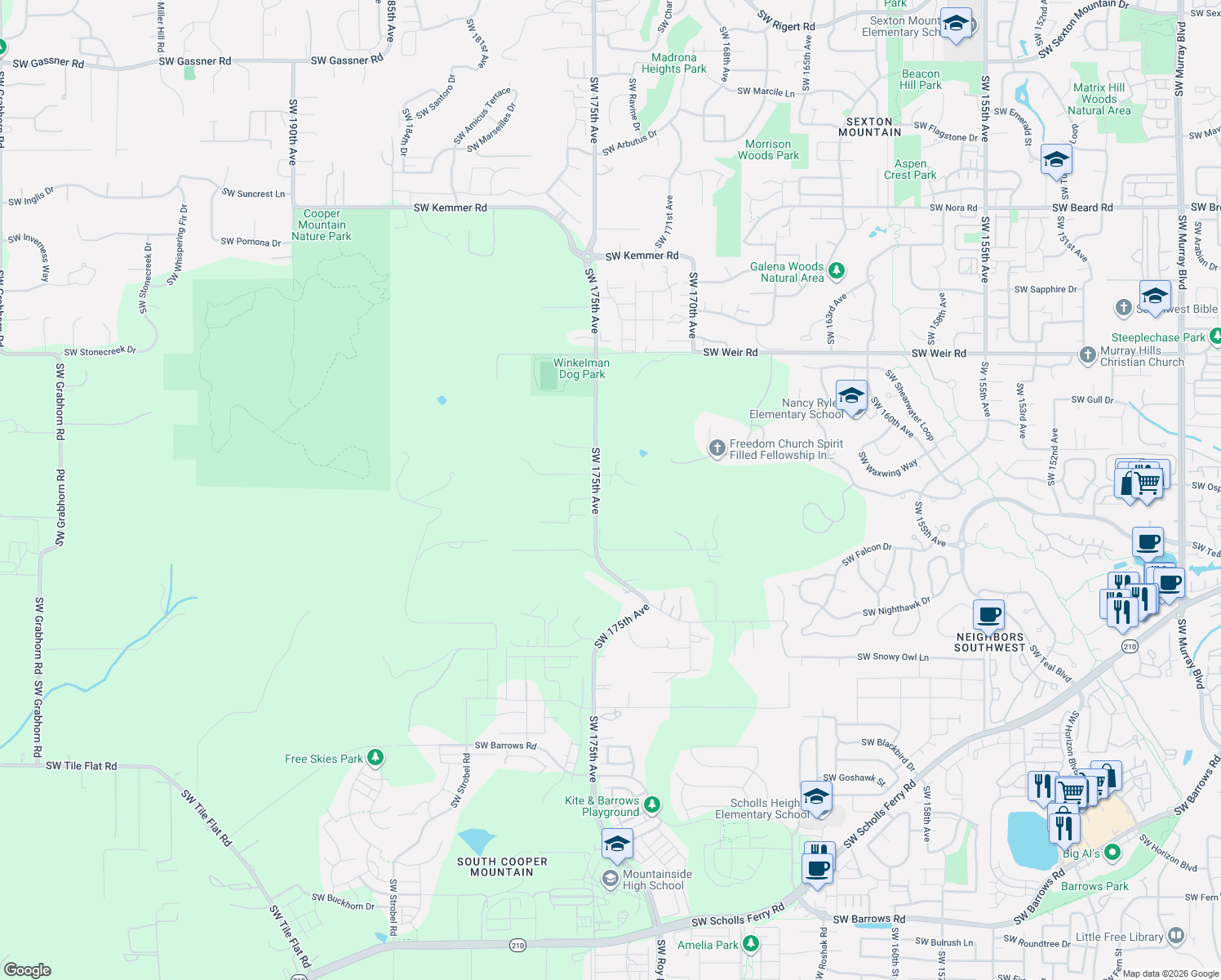 map of restaurants, bars, coffee shops, grocery stores, and more near 17440 Southwest Reusser Court in Beaverton