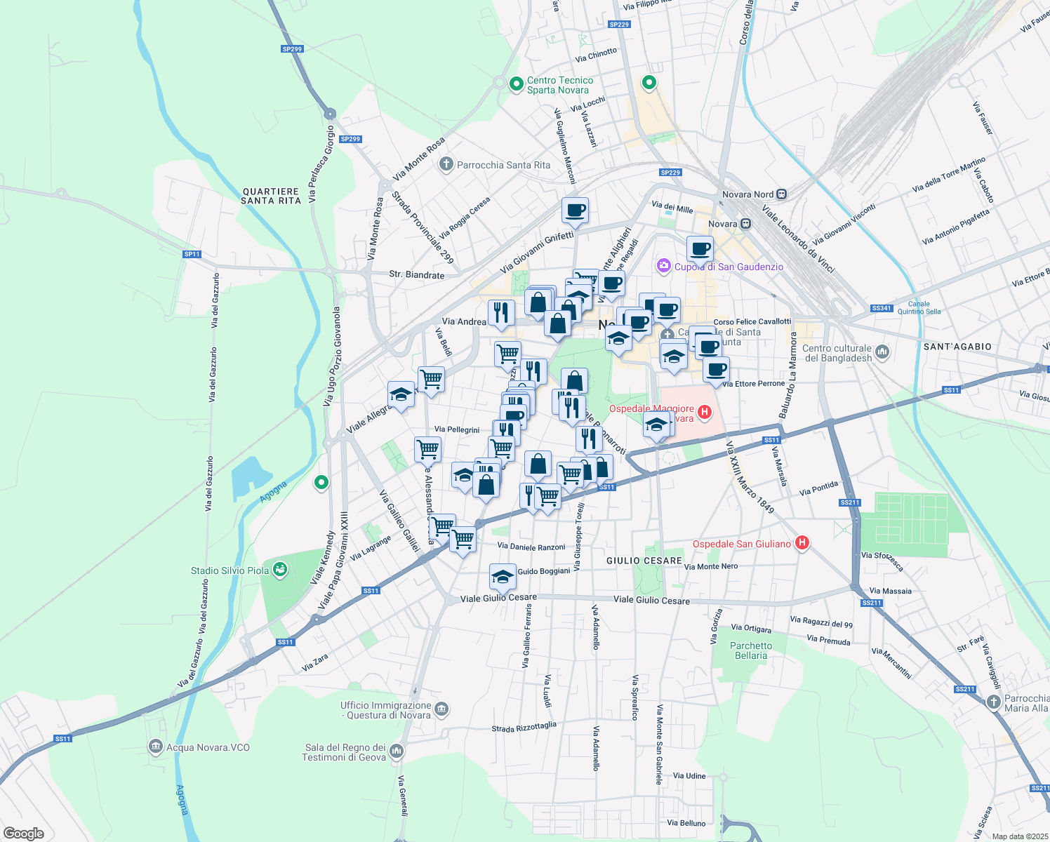 map of restaurants, bars, coffee shops, grocery stores, and more near 15 Corso Torino in Novara