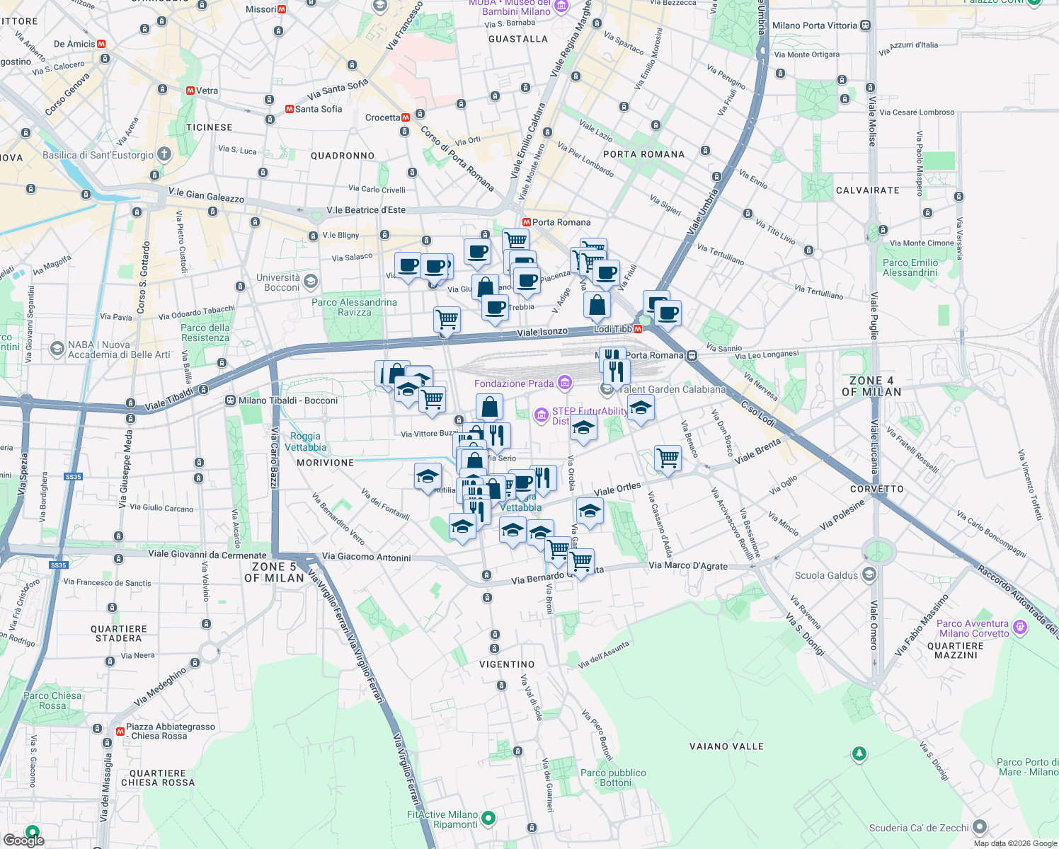 map of restaurants, bars, coffee shops, grocery stores, and more near Via Adamello in Milano