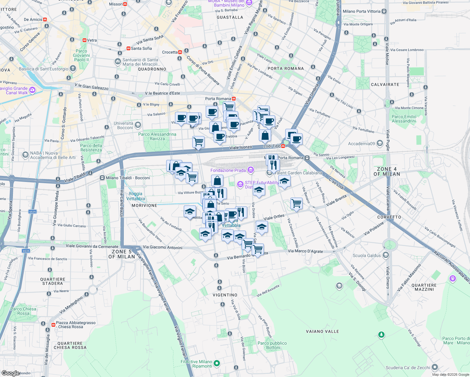 map of restaurants, bars, coffee shops, grocery stores, and more near Via Adamello in Milano