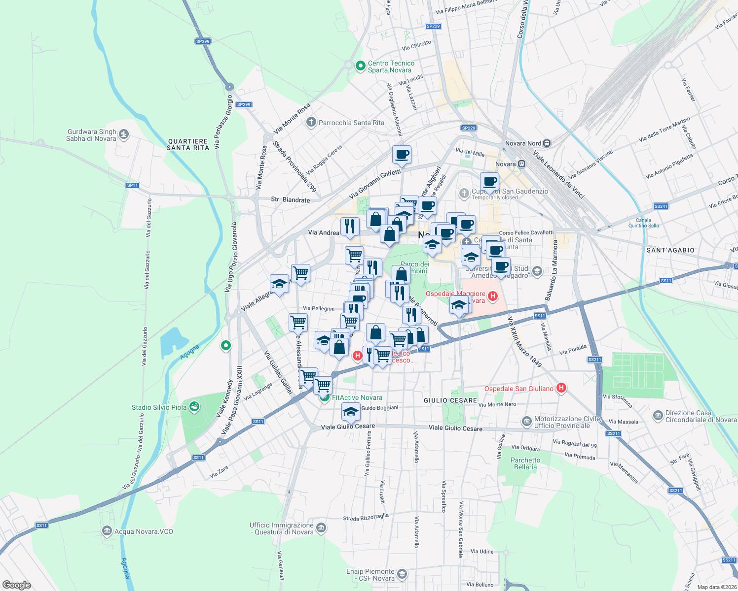 map of restaurants, bars, coffee shops, grocery stores, and more near 15 Corso Torino in Novara